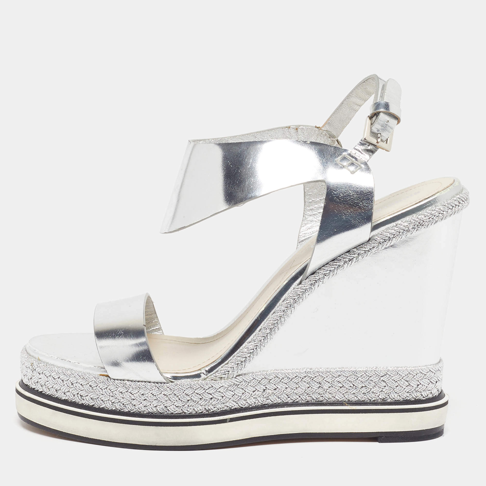 Pre Owned Nicholas Kirkwood Leda Size 37.5 Silver Leather Espadrille Wedge Sandals
