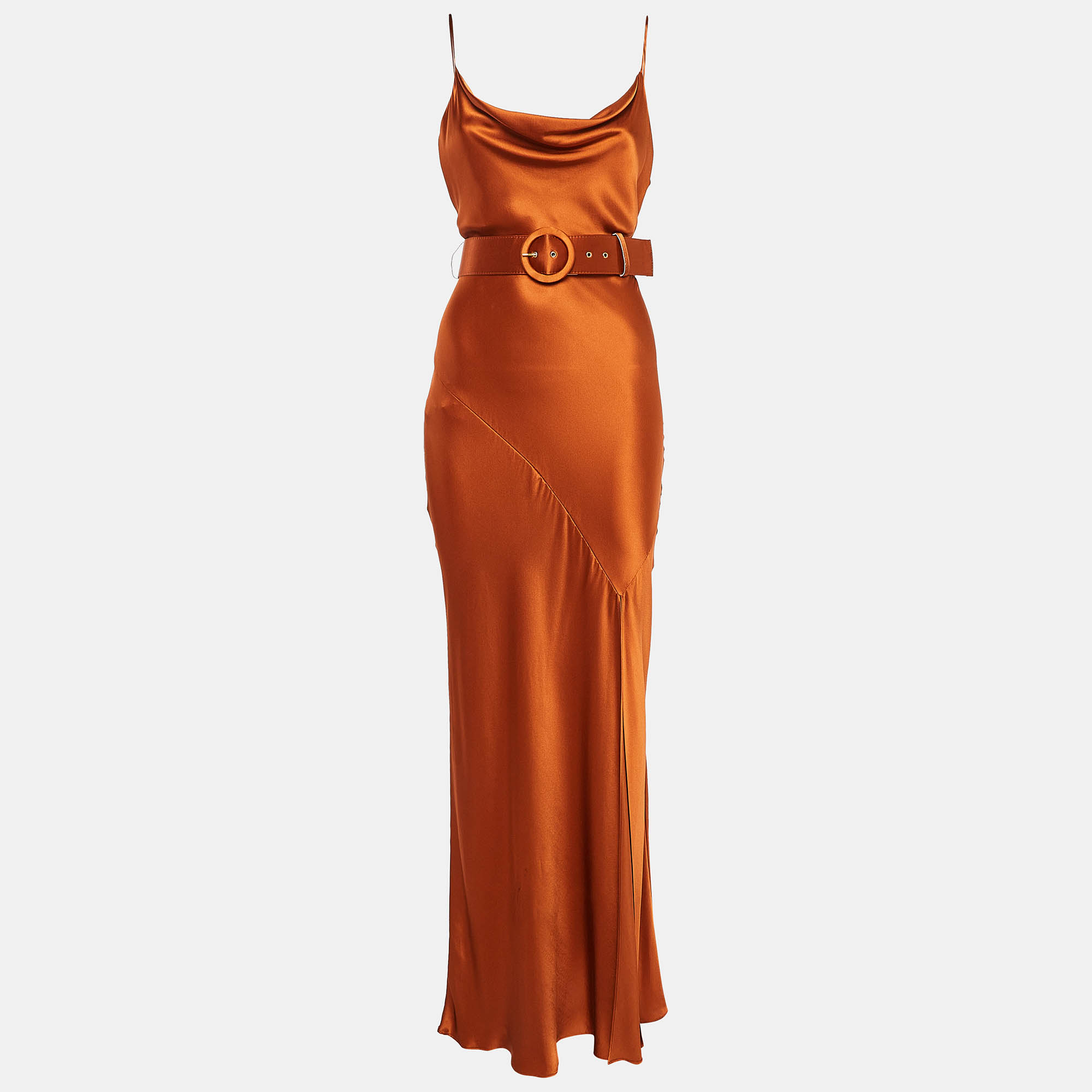 Nicholas Brown Satin Cowl Neck Belted Maxi Slip Dress L