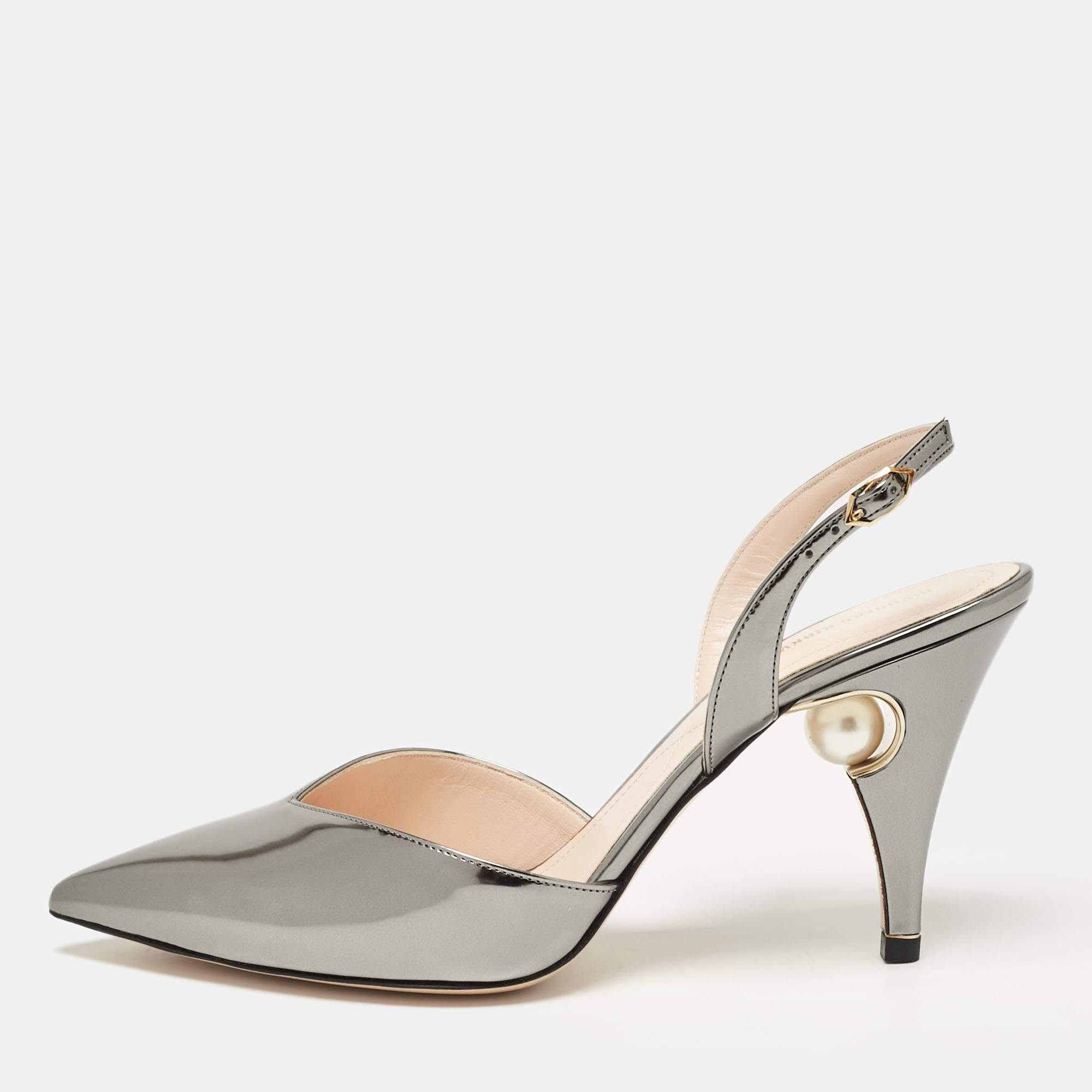 Pre Owned Nicholas Kirkwood Metallic Patent Leather Pearl Slingback Sandals Size 39