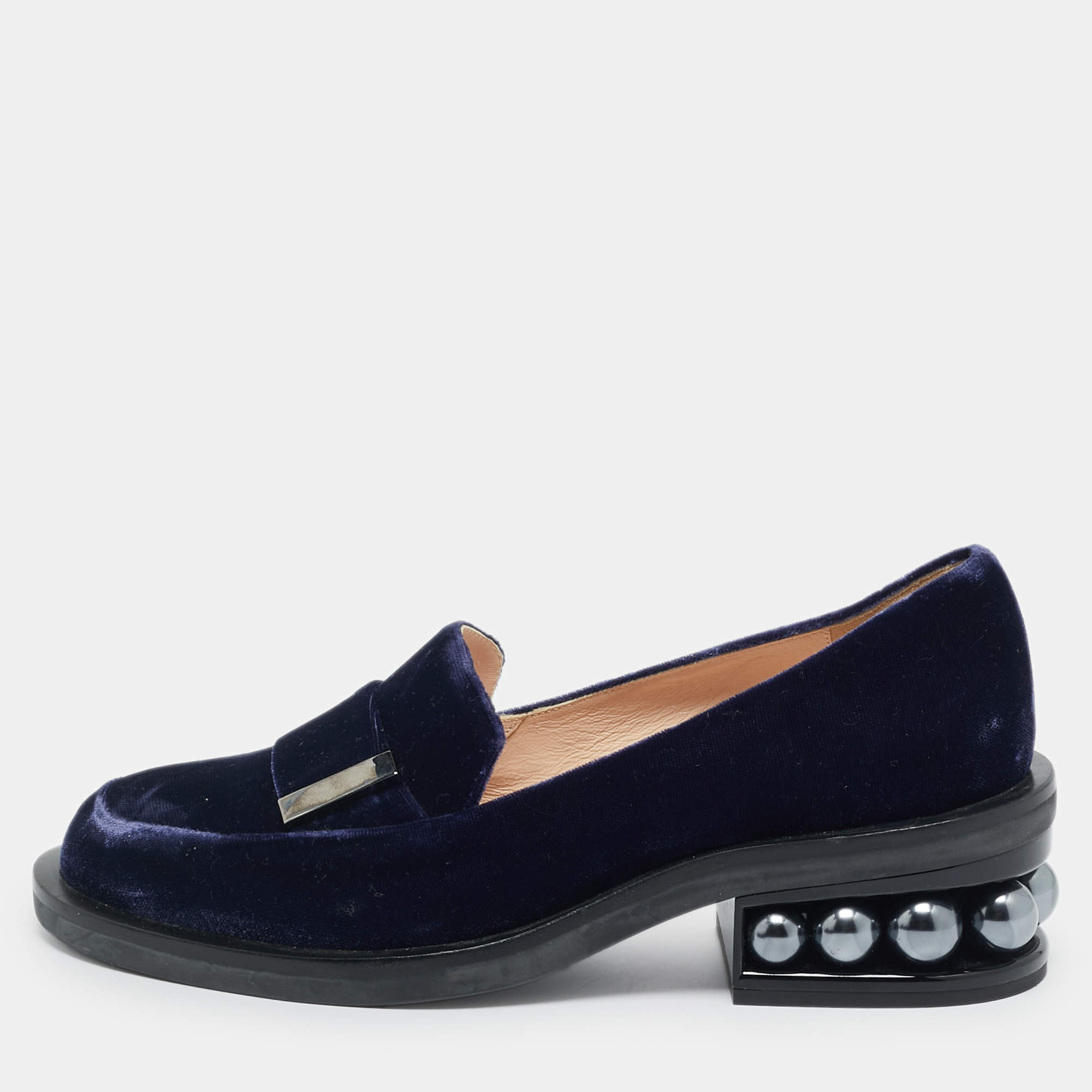 Pre Owned Nicholas Kirkwood Navy Blue Velvet Pearl Embellish Loafers Size 36.5
