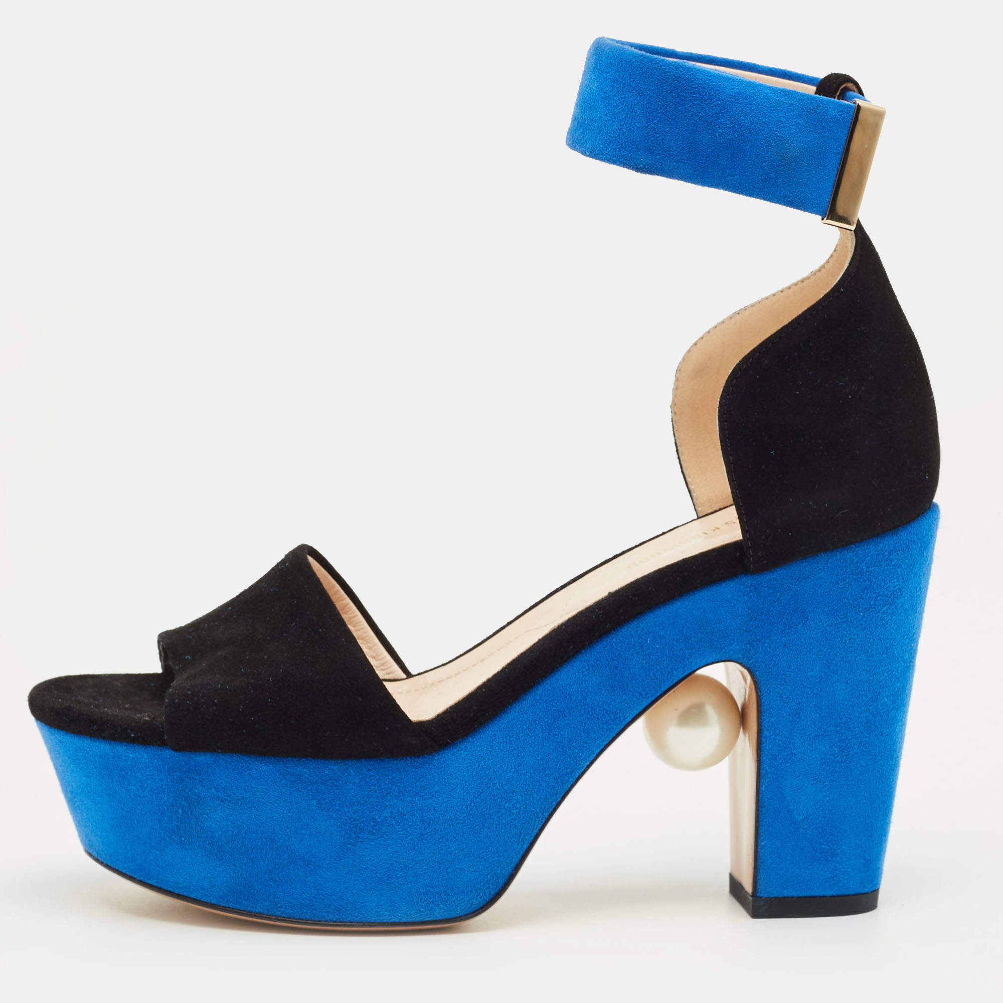Pre Owned Nicholas Kirkwood Black/Blue Suede Platform Ankle Strap Sandals Size 36.5