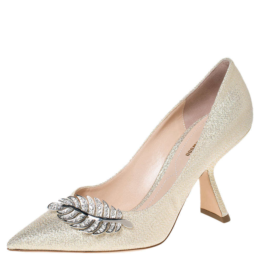 Pre Owned Nicholas Kirkwood Metallic Gold Glitter Fabric Monstera Pointed Toe Pumps Size 38