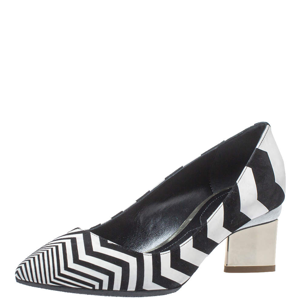 Pre Owned Nicholas Kirkwood Black/White Zigzag Print Leather Pointed Toe Pumps Size 35