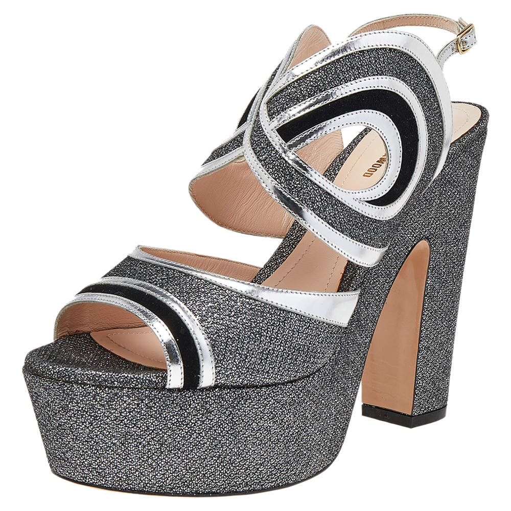 Pre Owned Nicholas Kirkwood Black/Silver Glitter And Patent Leather Ankle Strap Sandals Size 40