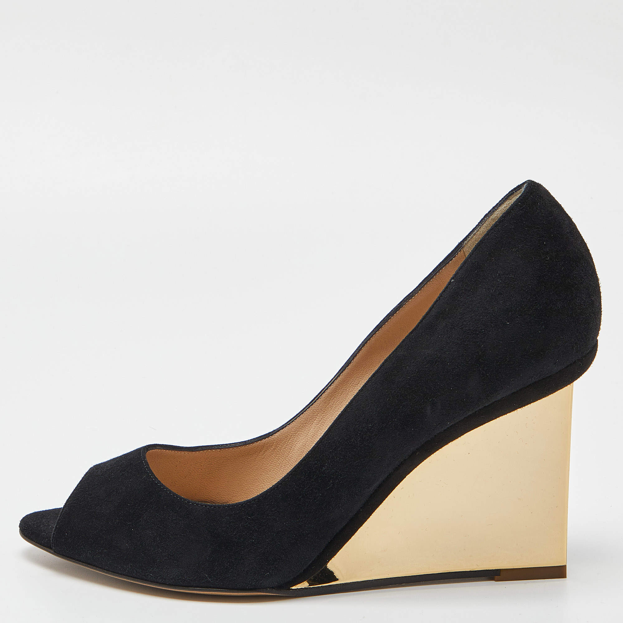 Nicholas Kirkwood Black Suede Peep Toe Wedge Pumps Size 39.5