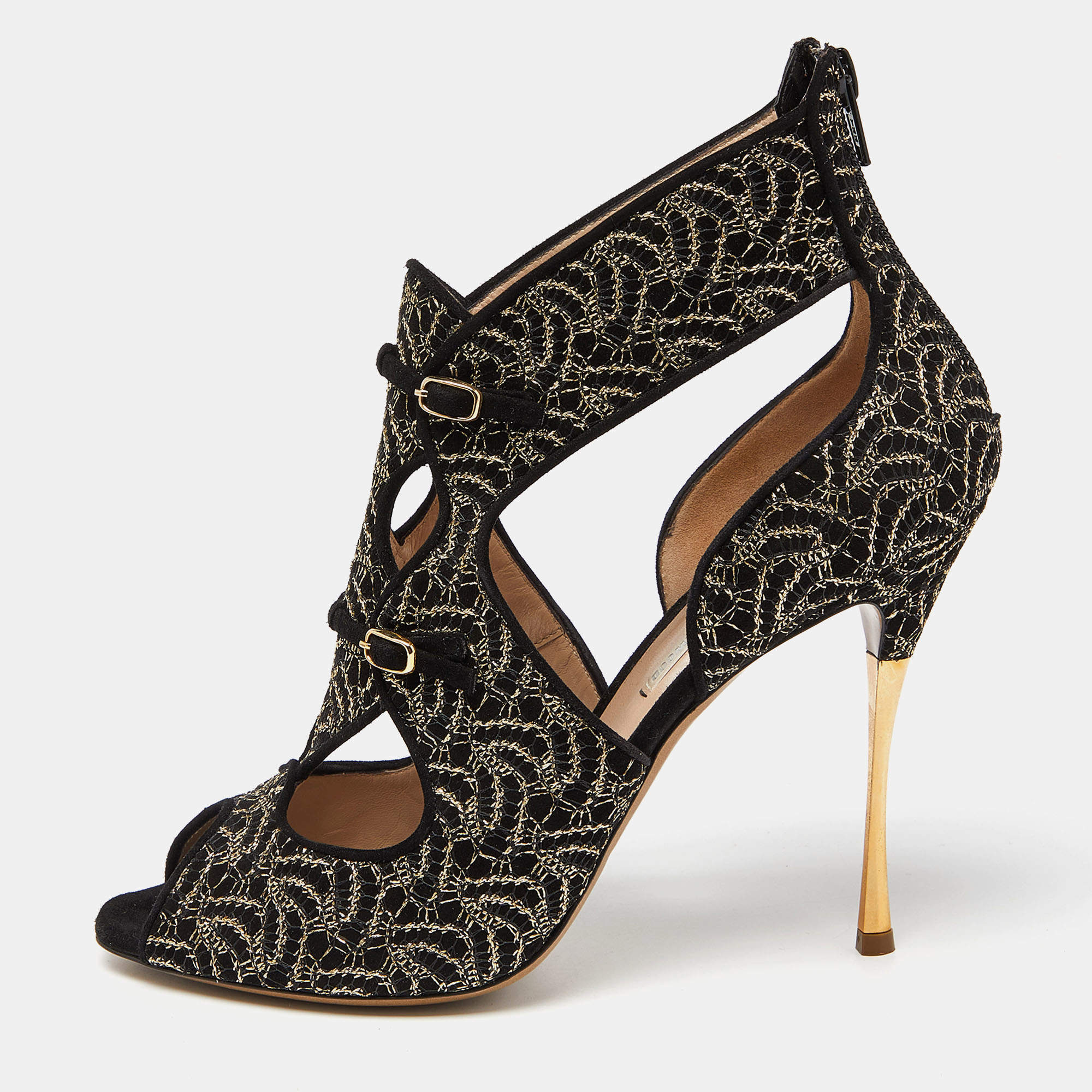 Nicholas Kirkwood Black/Gold Embroidered Suede Cut Out Sandals Size 41