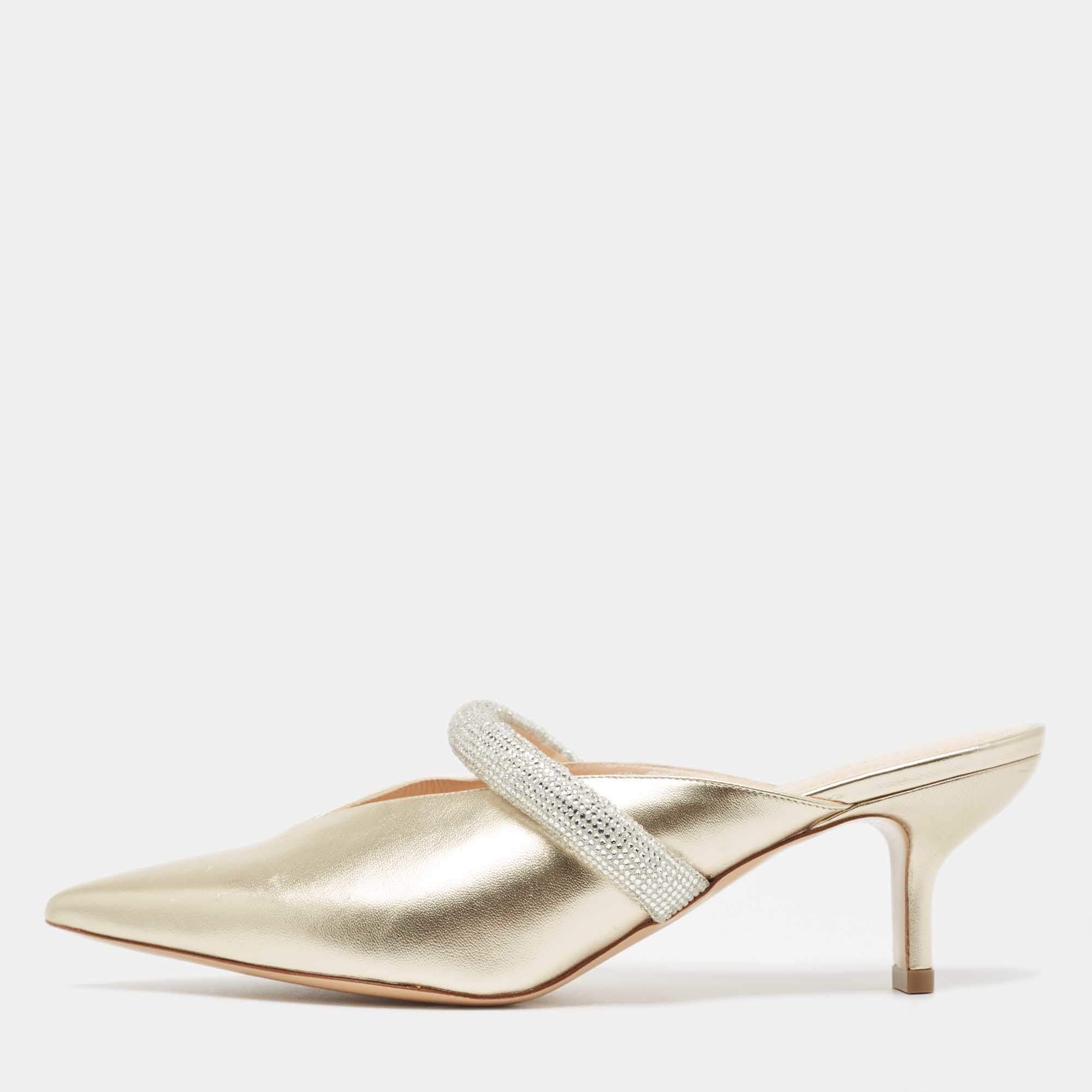 Nicholas Kirkwood Gold Leather Crystal Embellished Leve Mules Size 39