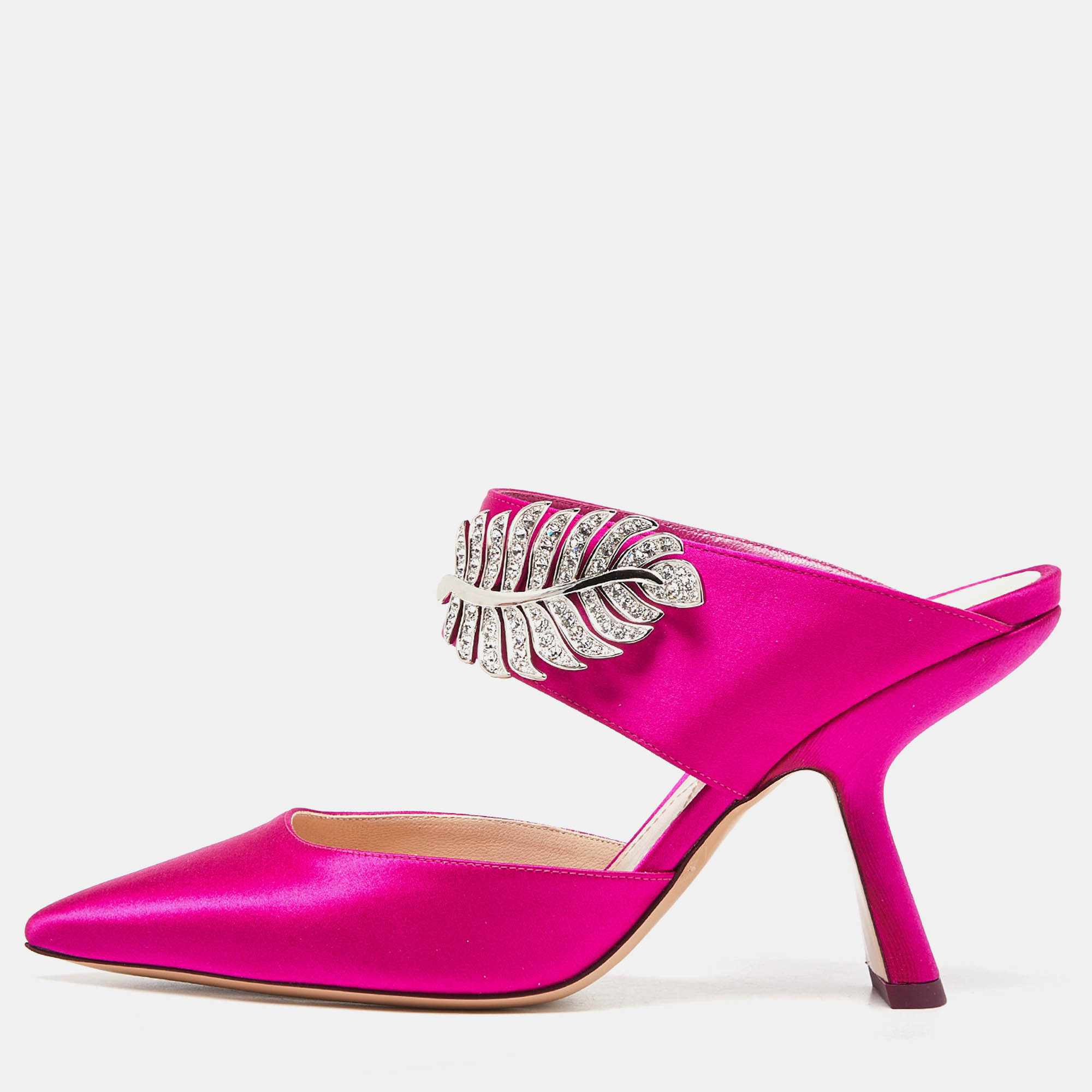 Pre Owned Nicholas Kirkwood Pink Satin Monstera Crystal Embellished Pointed Toe Mules Size 38.5