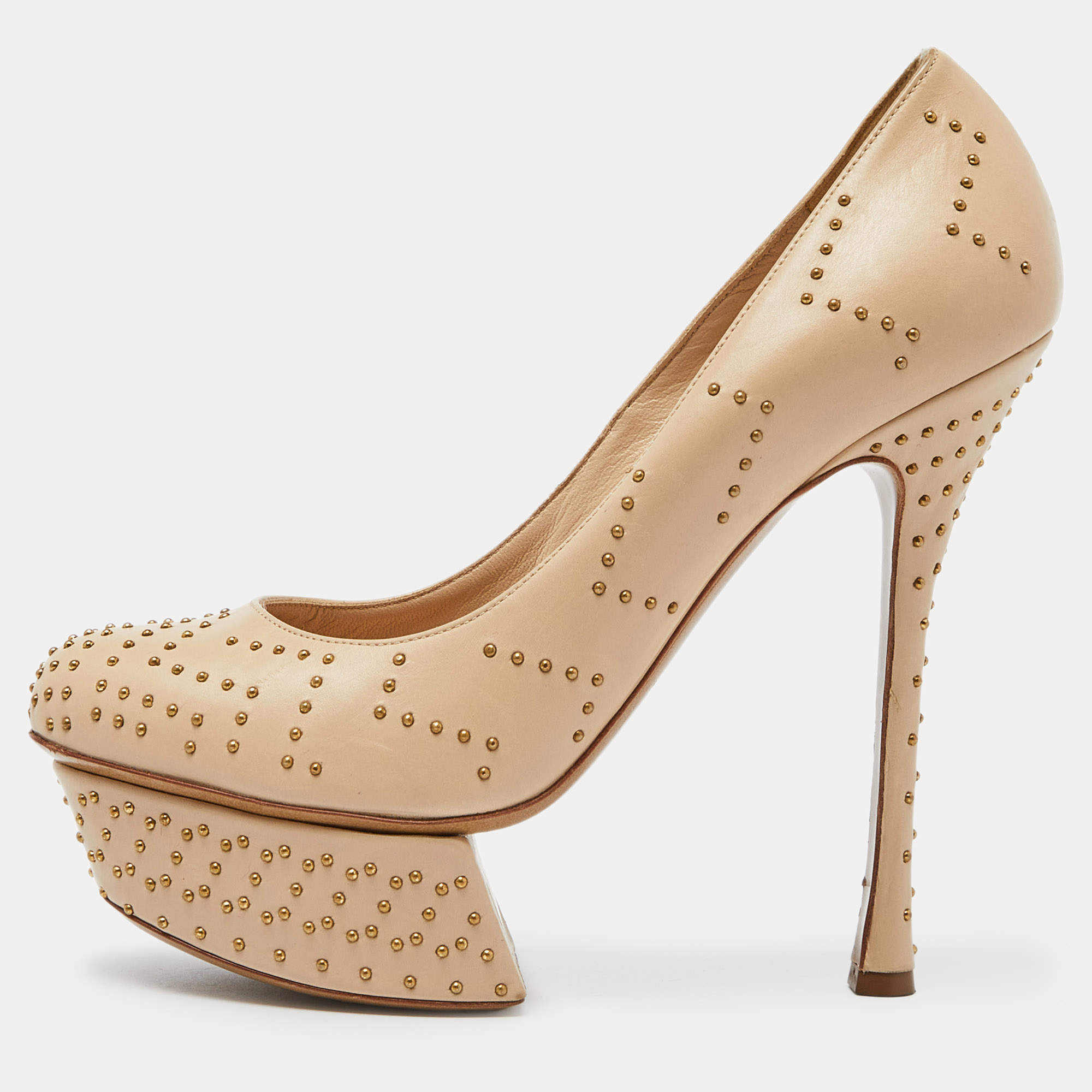 Nicholas Kirkwood Beige Studded Leather Platform Pumps Size 37.5