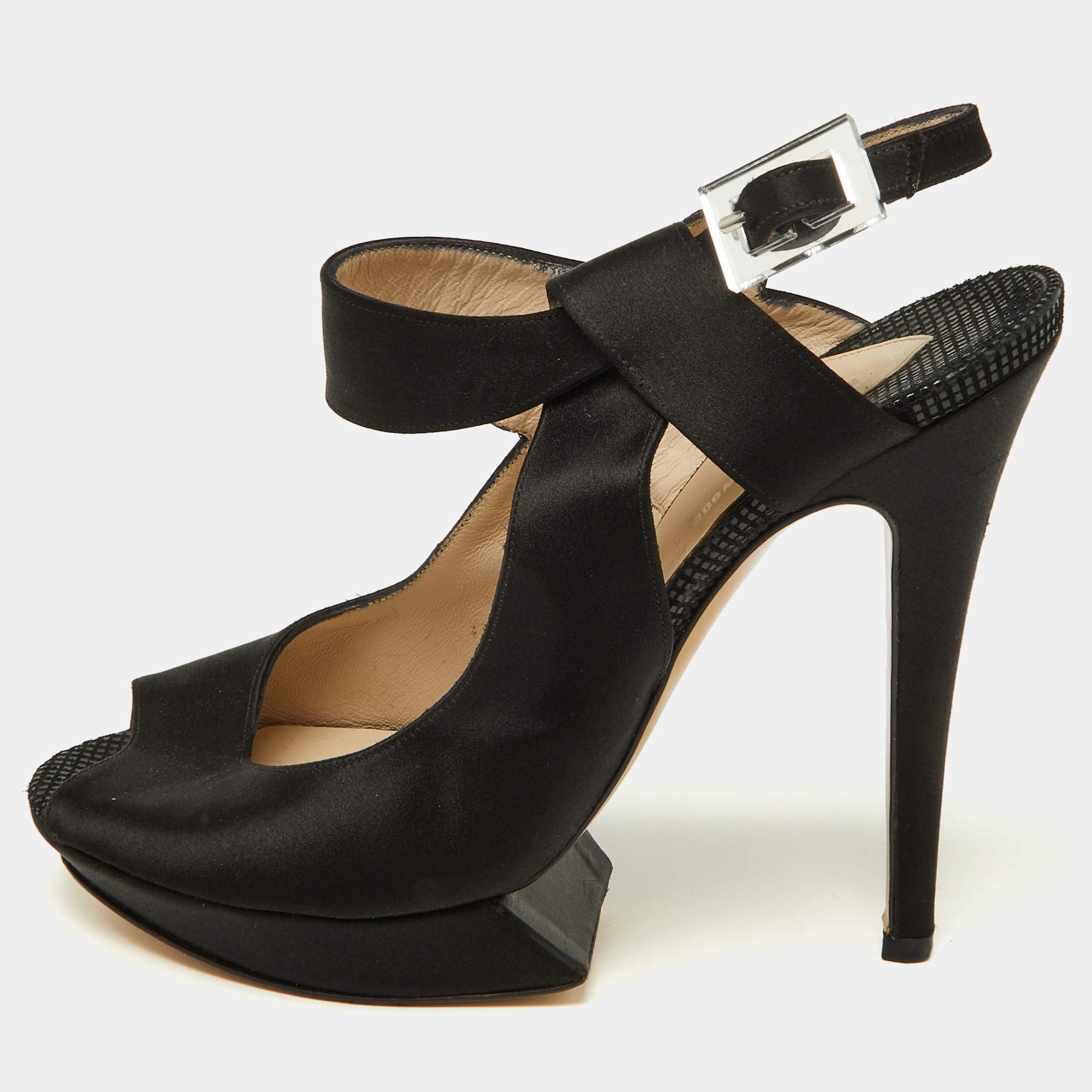 Nicholas Kirkwood Black Satin Platform Peep Toe Ankle Strap Sandals Size 38.5