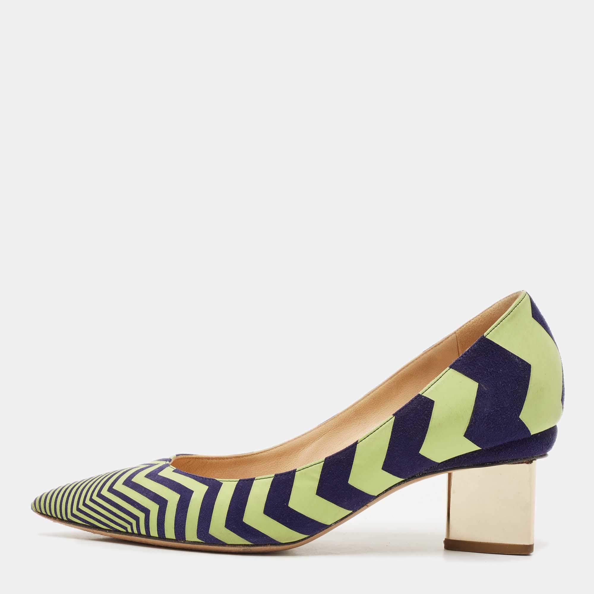 Nicholas Kirkwood Green/Blue Chevron Suede Block Heel Pumps Size 37