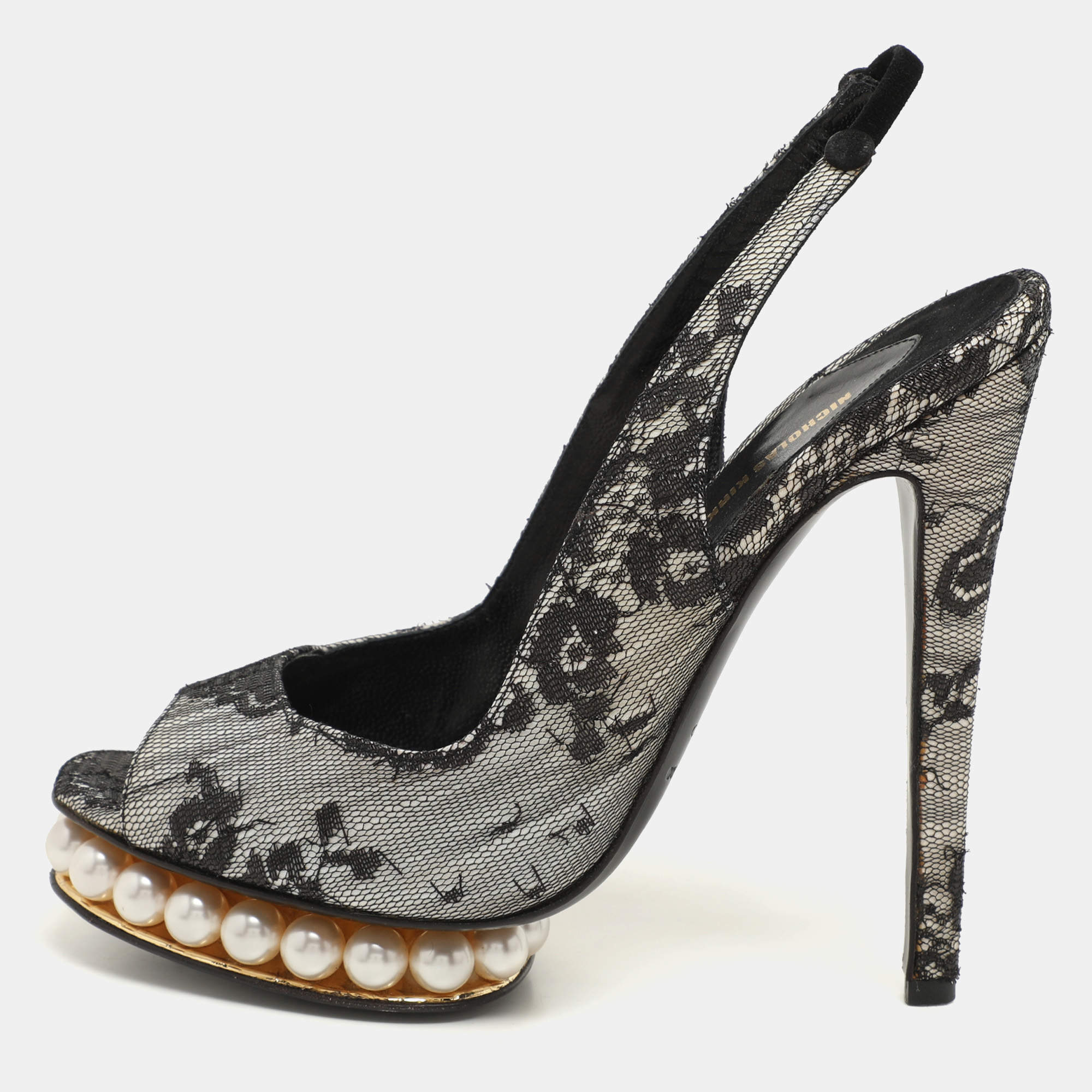 Nicholas Kirkwood Black Lace and Lurex Fabric Slingback Sandals Size 37