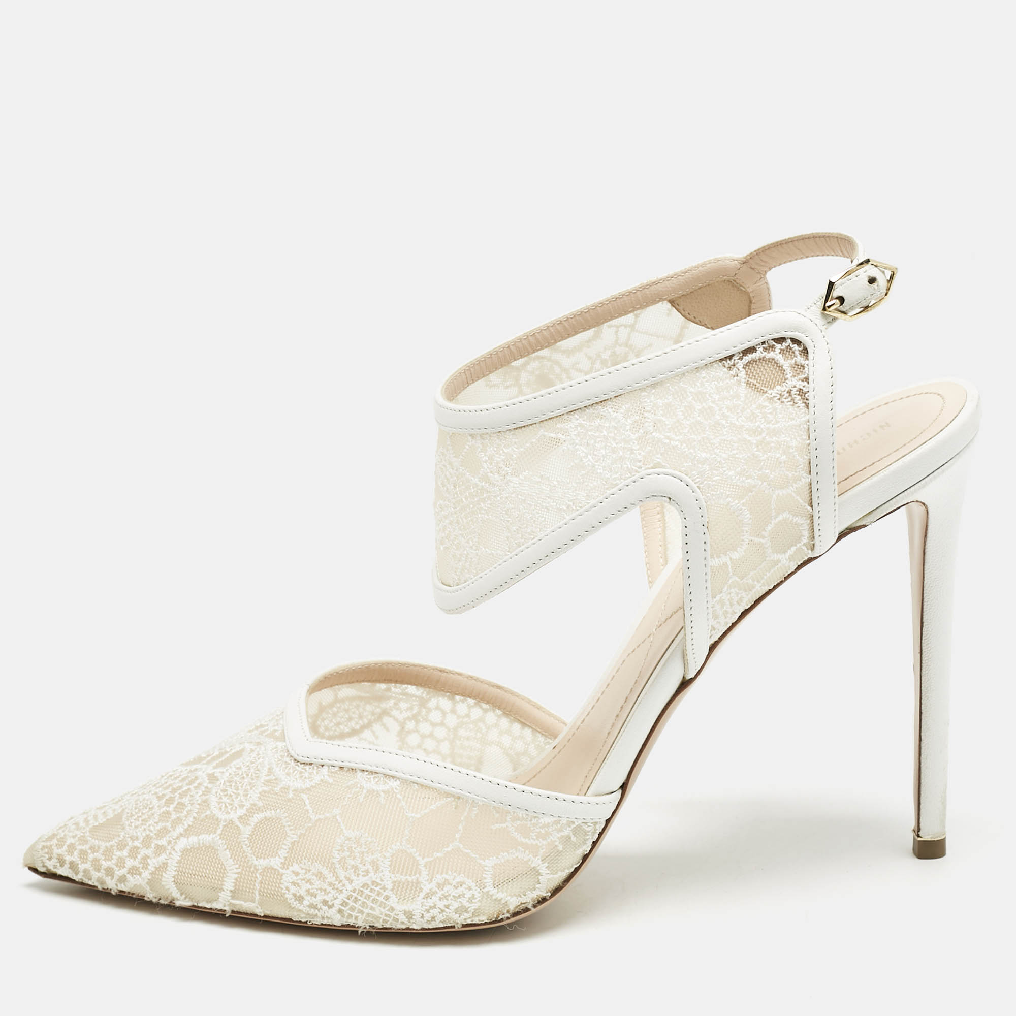 Nicholas Kirkwood White Lace and Leather Leda Pumps Size 39.5