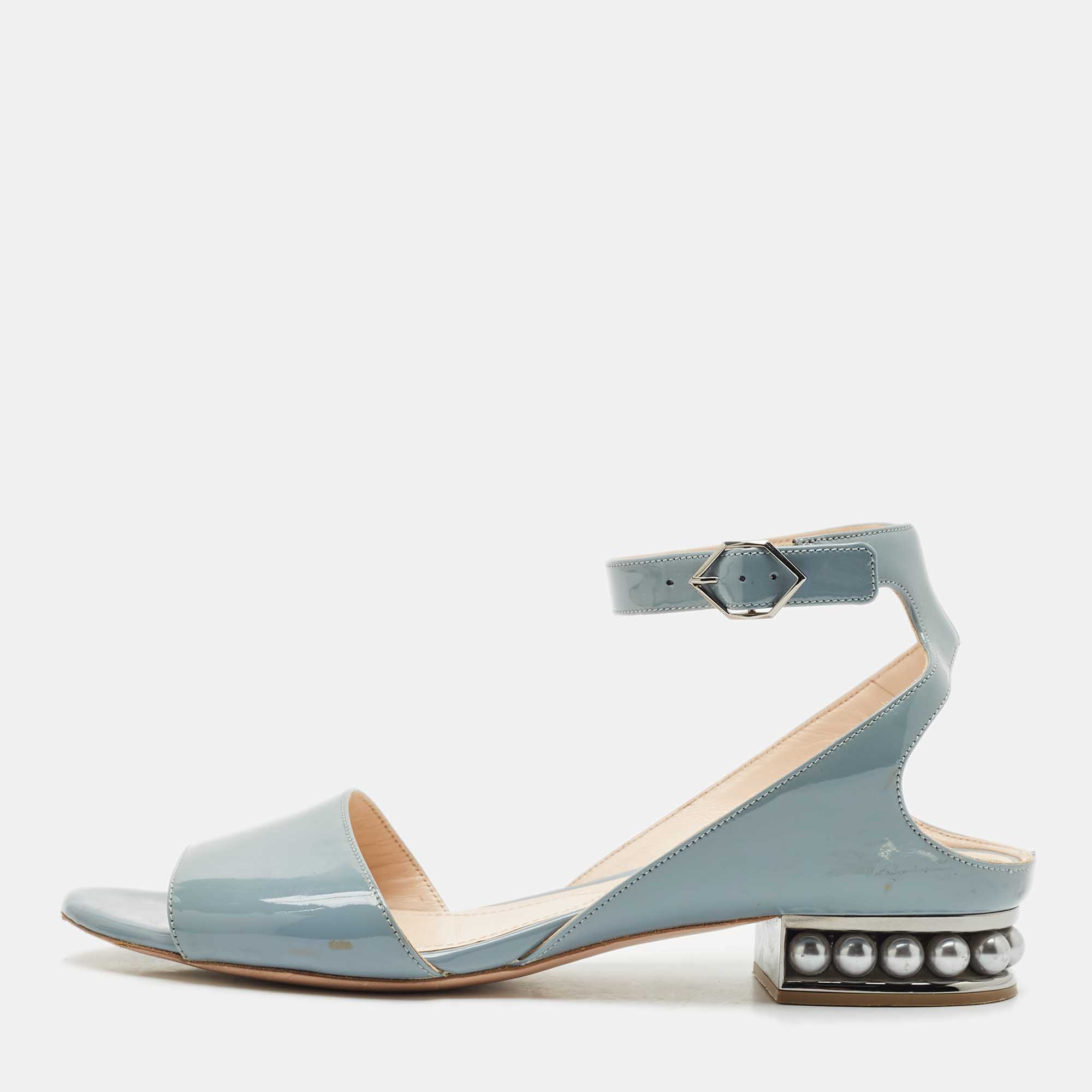 Pre Owned Nicholas Kirkwood Blue Patent Leather Casati Ankle Strap Sandals Size 40