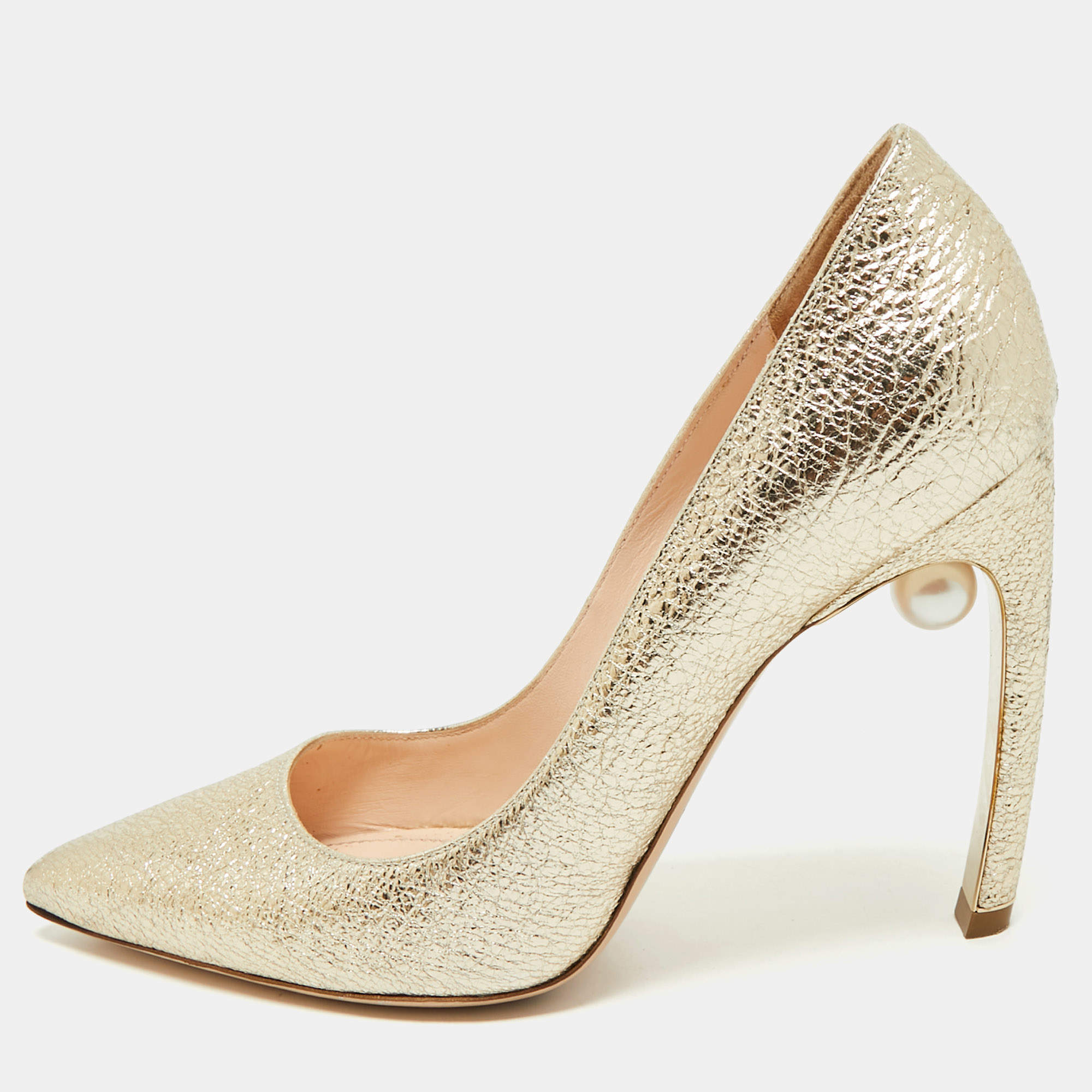 Nicholas Kirkwood Gold Texture Leather Pearl Embellished Pointed Toe Pumps Size 38.5