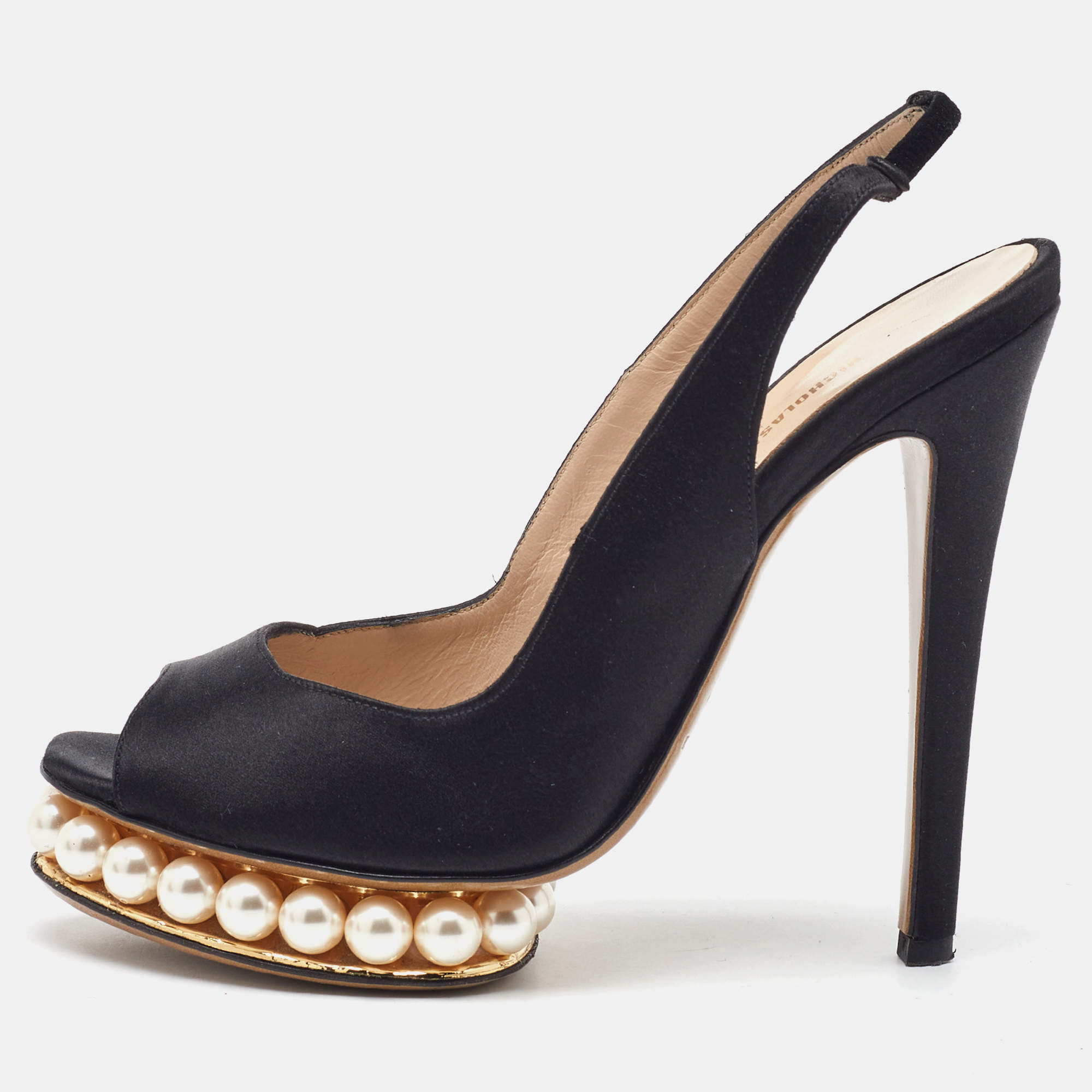 Pre Owned Nicholas Kirkwood Black Satin Pearl Platform Slingback Sandals Size 36