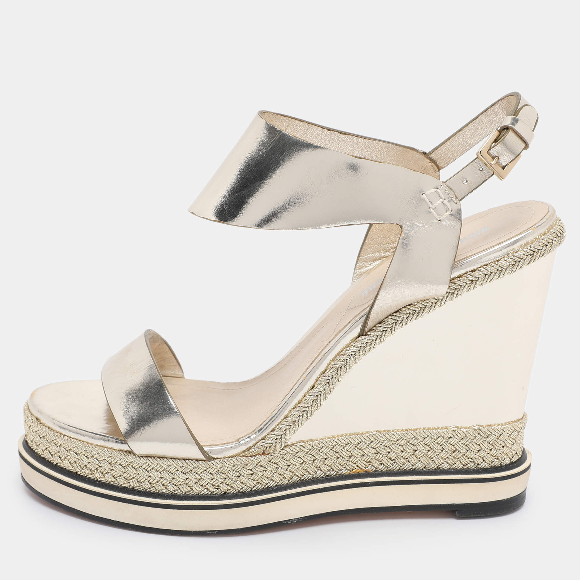 Pre Owned Nicholas Kirkwood Metallic Gold Foil Leather Wedge Espadrille Ankle Strap Sandals Size 38.5 