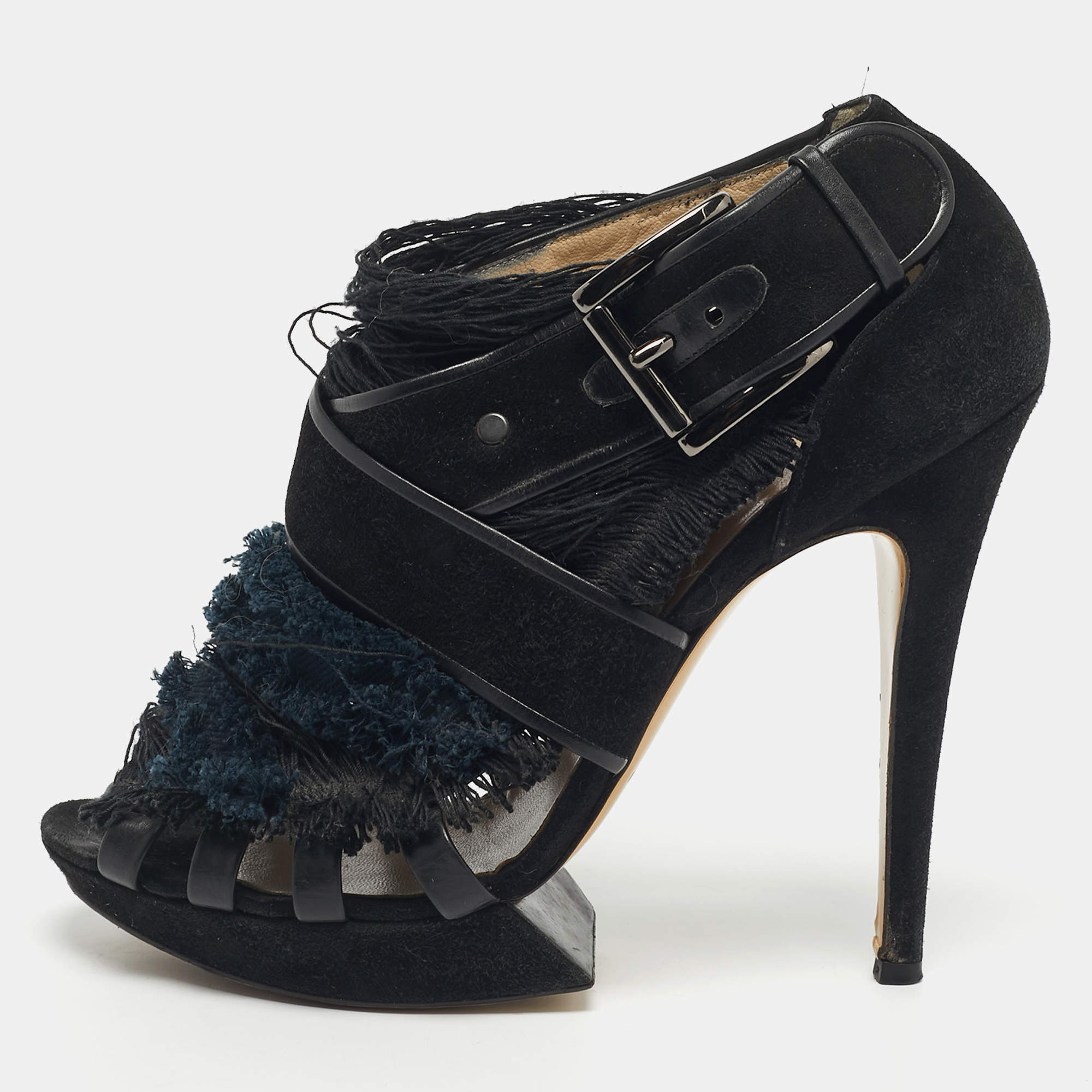Pre Owned Nicholas Kirkwood Black/Blue Suede And Fabric Criss Cross Platform Booties Size 40