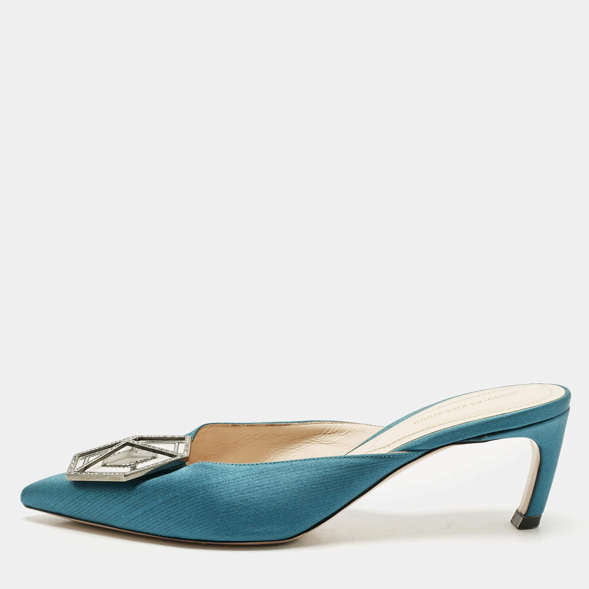 Pre Owned Nicholas Kirkwood Green Satin Eden Heel Mules Size 38