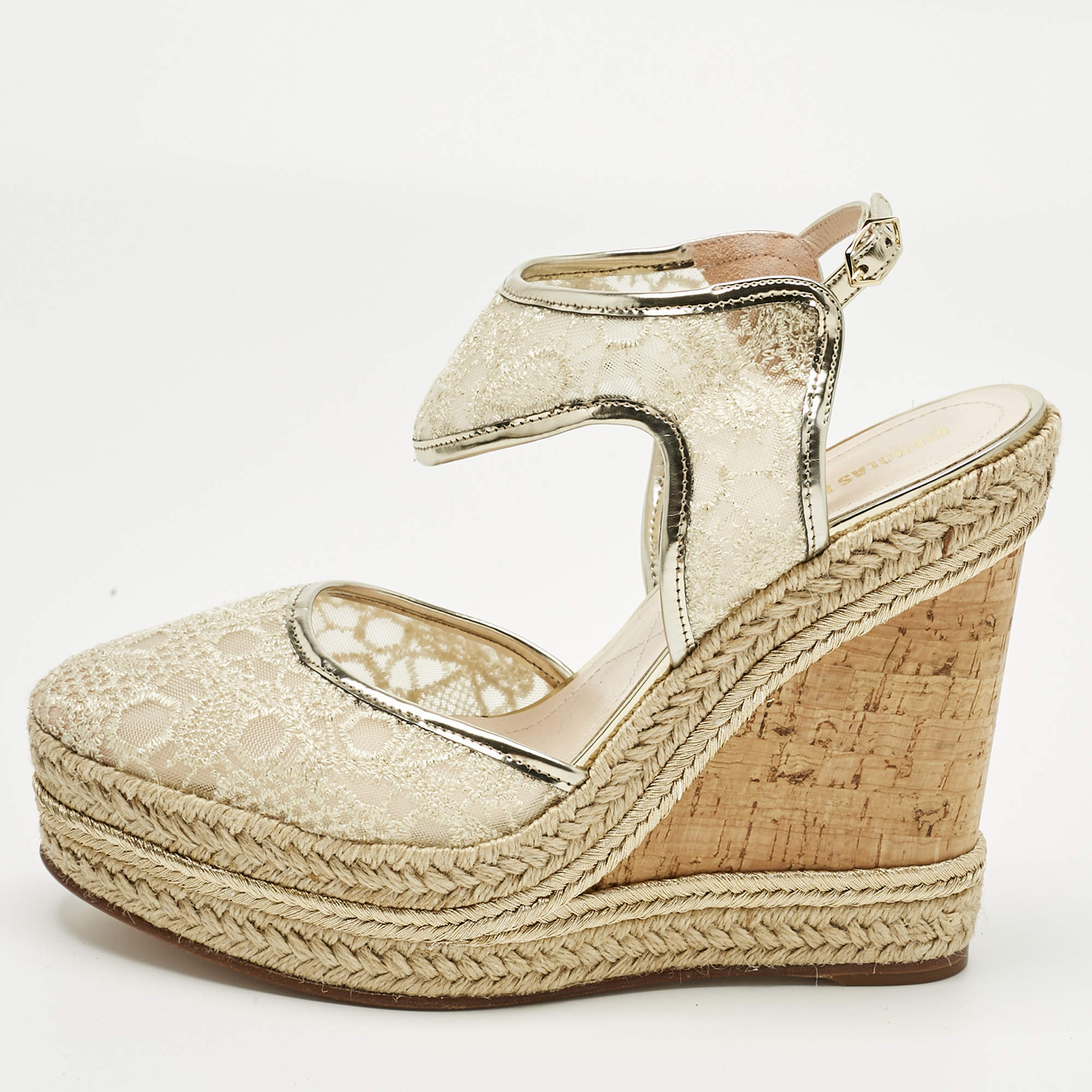 Pre Owned Nicholas Kirkwood Gold Lace and Leather Platform Wedge Ankle Strap Espadrilles Size 39.5