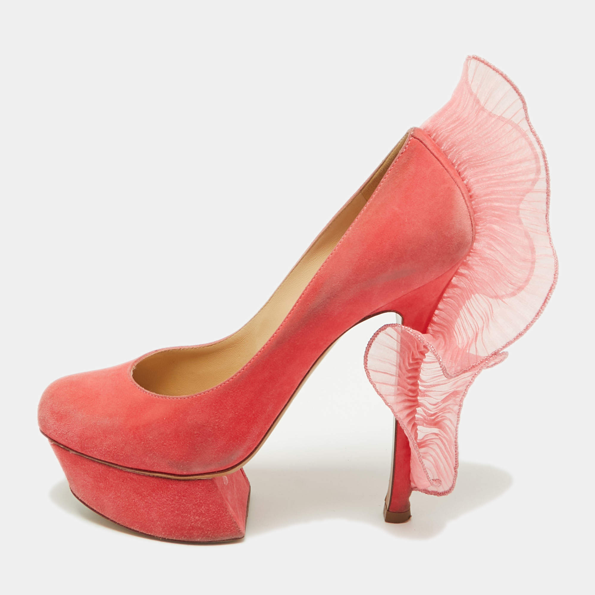 Pre Owned Nicholas Kirkwood Pink Suede Ruffle Trimmed Platform Pumps Size 37.5