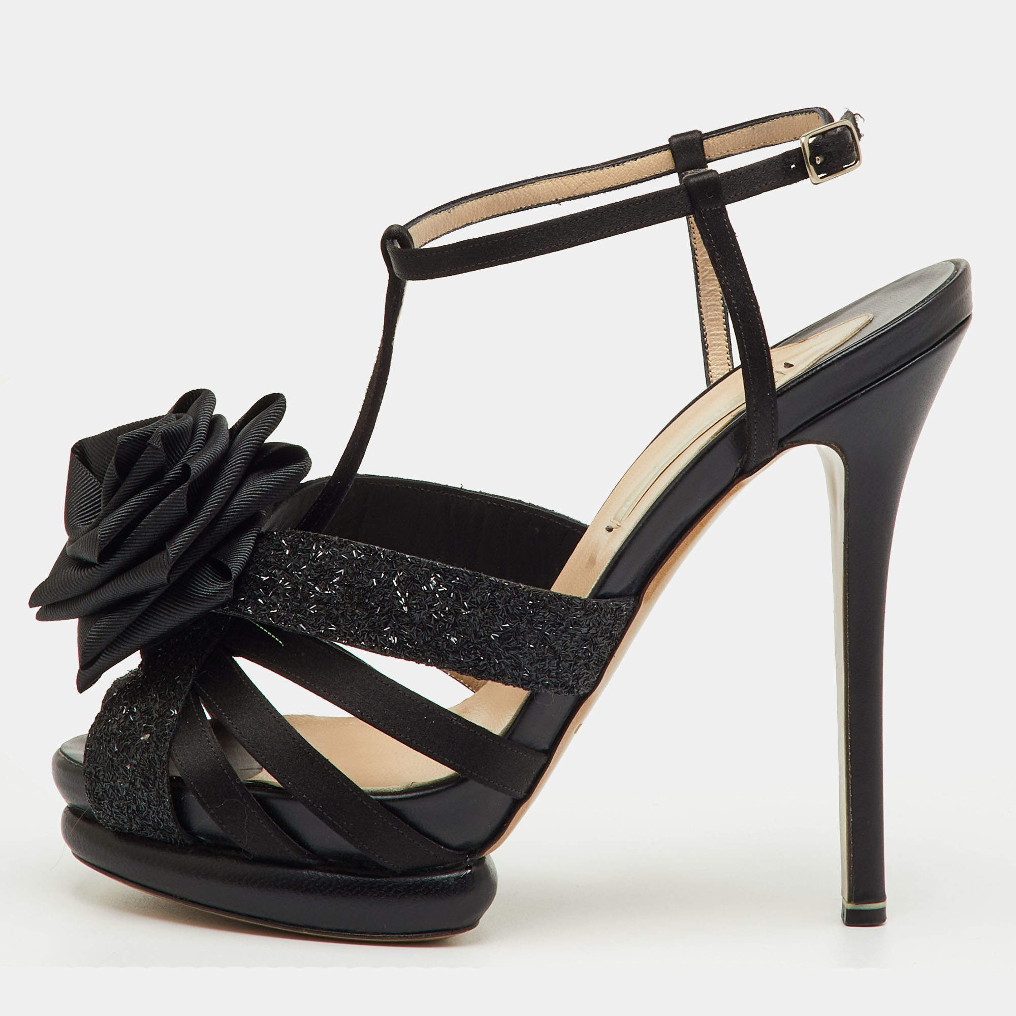 Pre Owned Nicholas Kirkwood Black Satin and Glitter Rose Platform Sandals Size 37