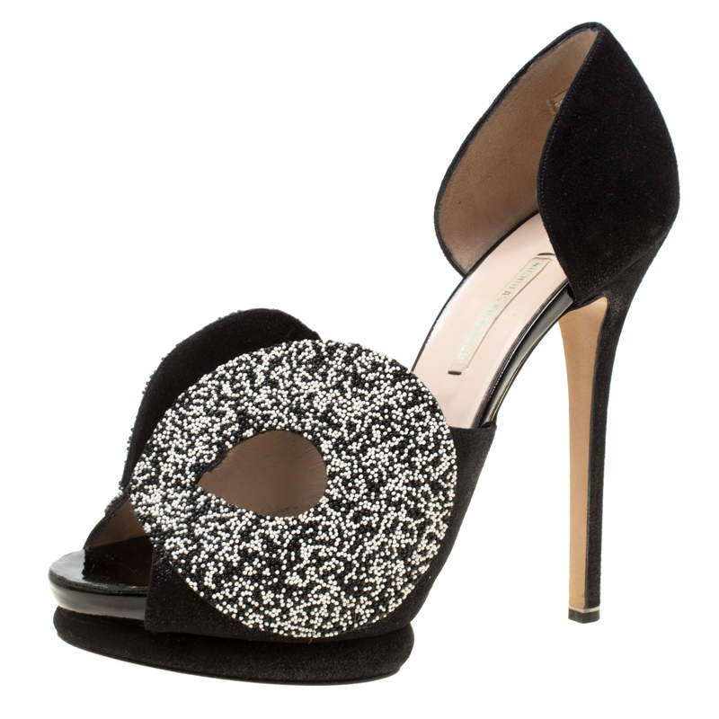Nicholas Kirkwood Monochrome Suede Cut Out Platform Peep Toe Sandals Size 38.5