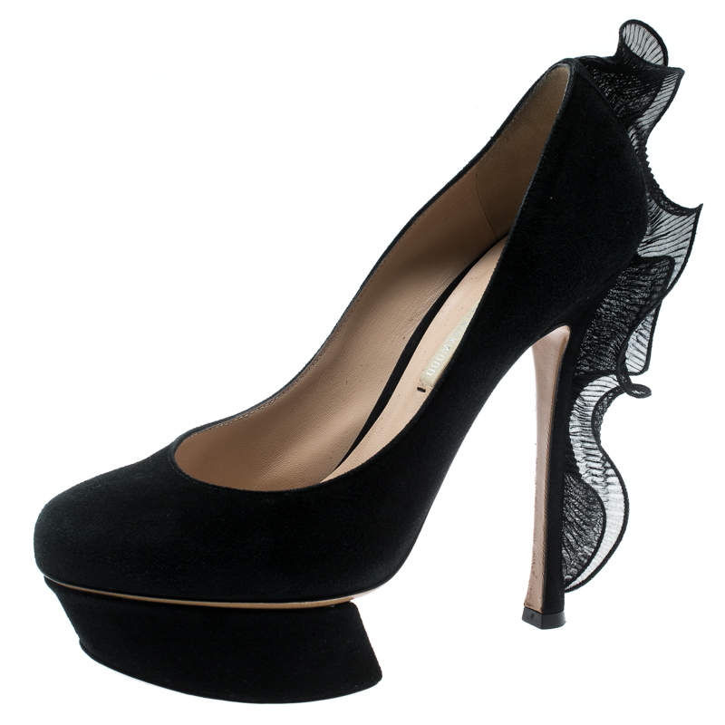 Nicholas Kirkwood Black Suede Ruffle Trimmed Platform Pumps Size 37.5