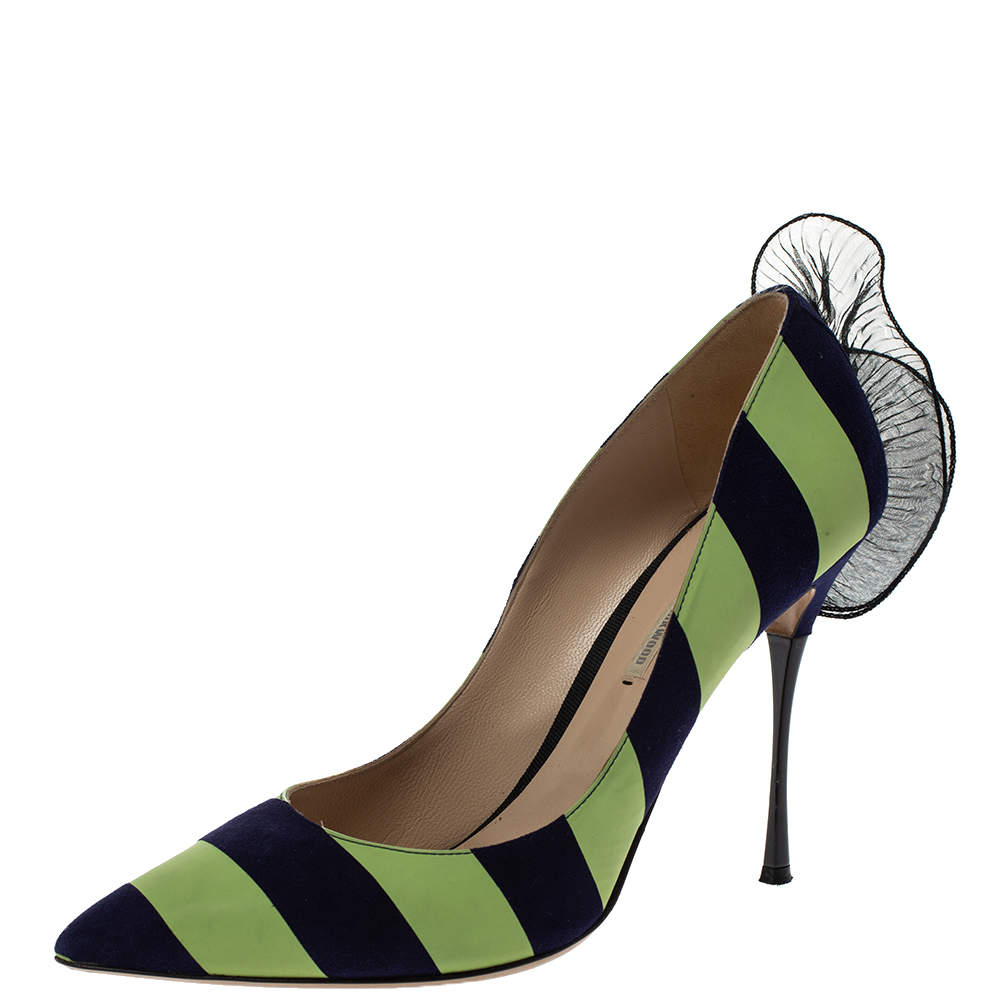 Nicholas Kirkwood Blue/Green Stripe Suede and Leather Ruffle Back Pointed Toe Pumps Size 41