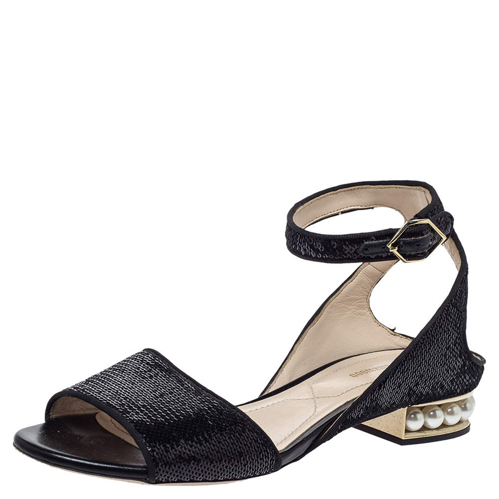 Pre Owned Nicholas Kirkwood Black Sequin Embellished Fabric Casati Pearl Ankle Strap Sandals Size 37.5