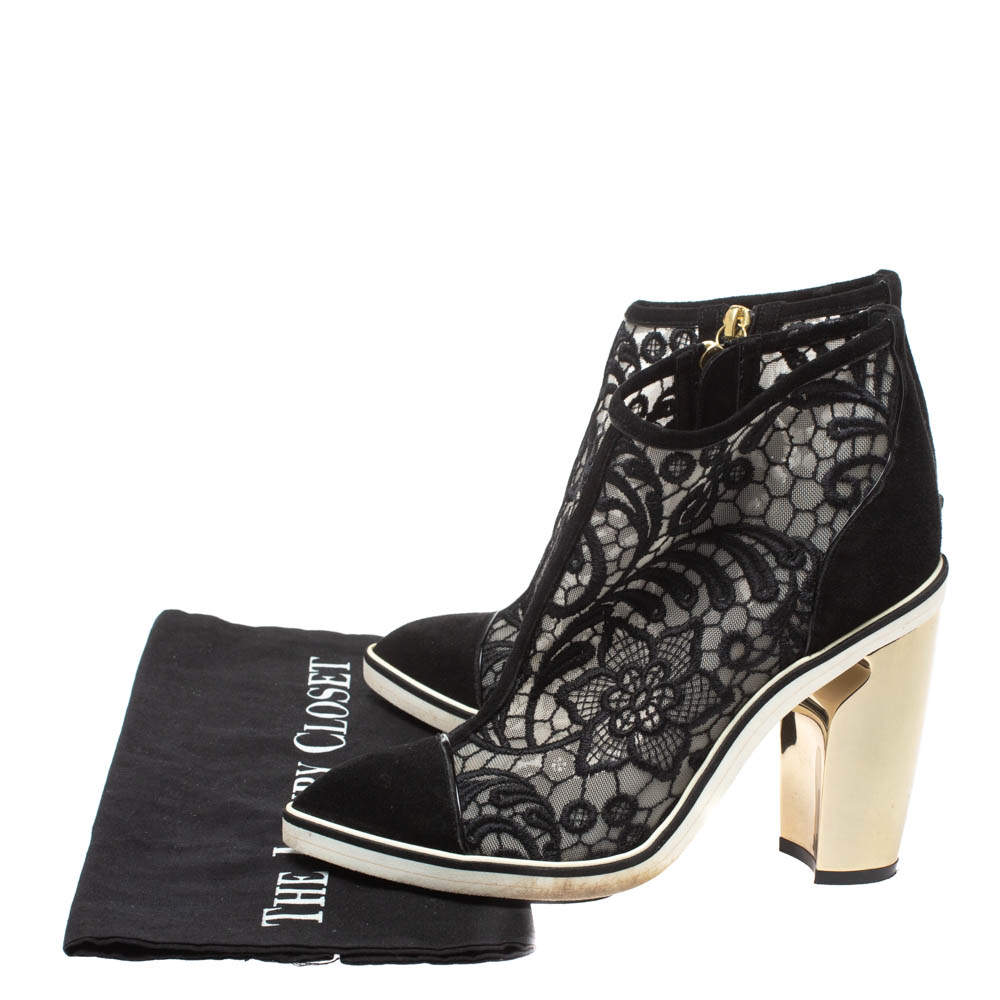 Nicholas Kirkwood Black Suede and Embroidered Mesh Block Heel