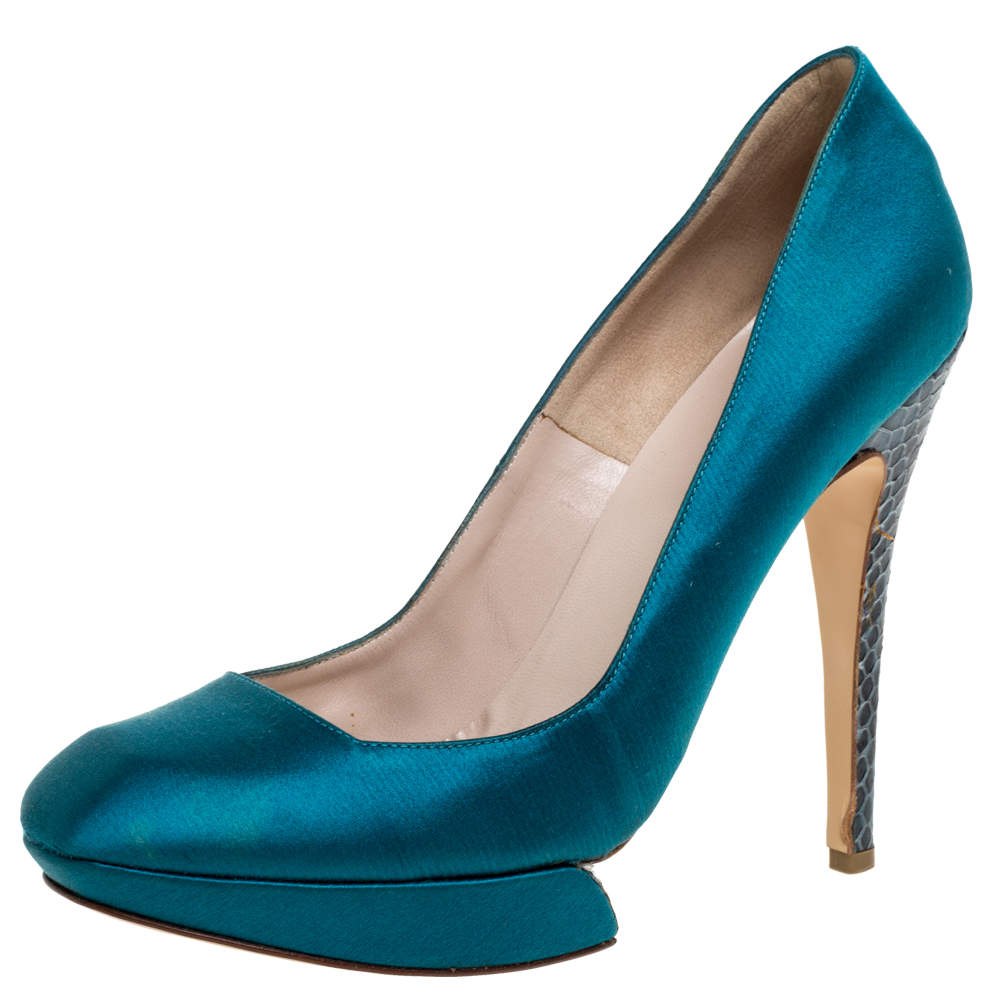 Nicholas Kirkwood Blue Satin And Python Leather Trim Heel Platform Pumps Size 38