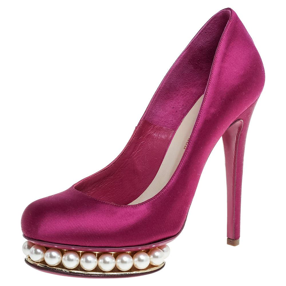 Pre Owned Nicholas Kirkwood Fuchsia Satin Faux Pearl Embellished Platform Pumps Size 36