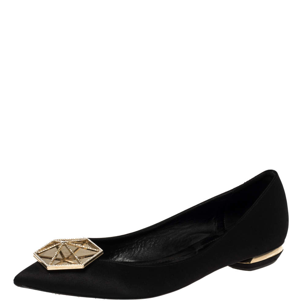 Pre Owned Nicholas Kirkwood Black Satin Eden Crystal Embellished Pointed Toe Flats Size 40 