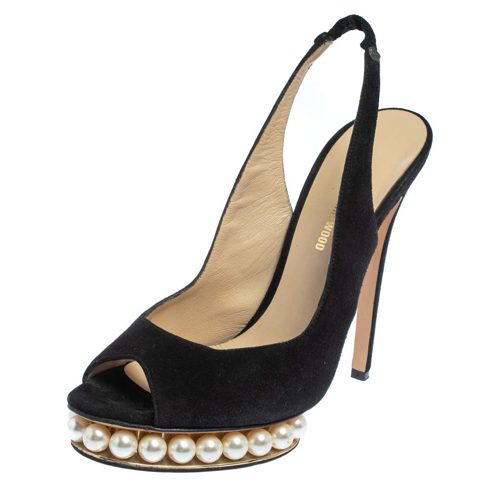 Nicholas Kirkwood Black Suede  Pearl Embellished Platform Slingback Sandals Size 38