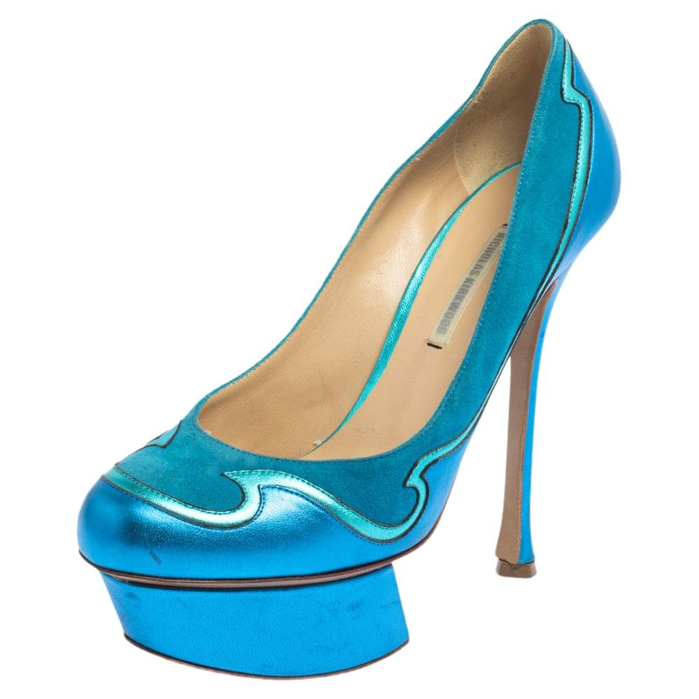 Nicholas Kirkwood Blue Suede And Leather Platform Pumps Size 36.5