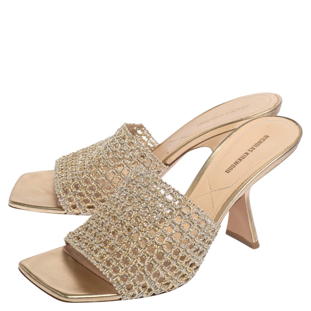 Nicholas Kirkwood Alba Macramé Woven Heeled Mules In Gold