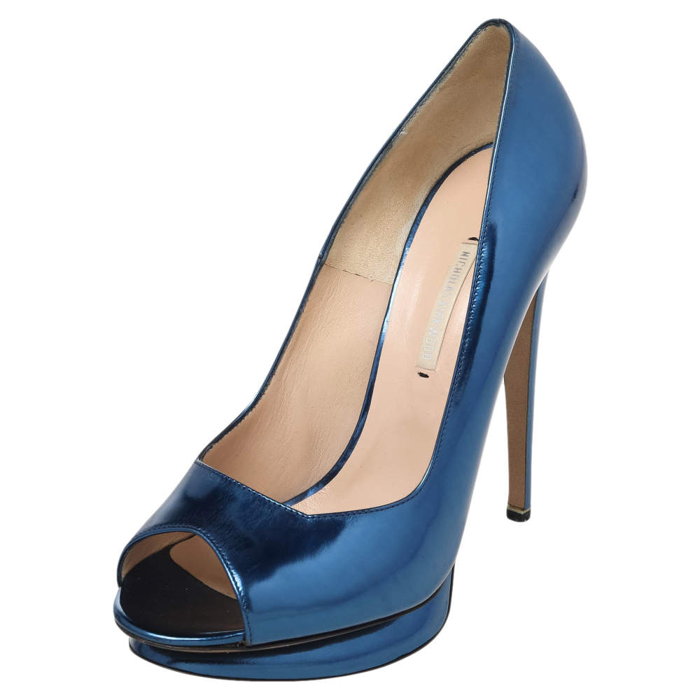 Nicholas Kirkwood Blue Leather Peep Toe Pumps Size 41