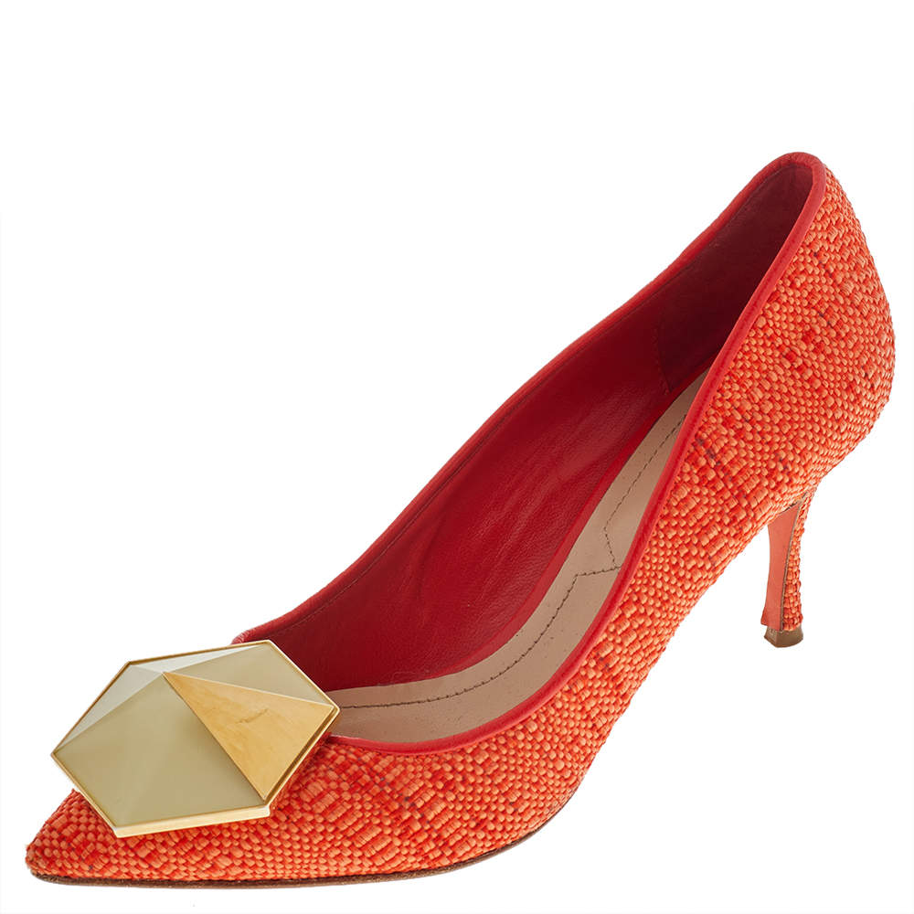 Pre Owned Nicholas Kirkwood Orange Raffia Hexagon Pointed Toe Pumps Size 36