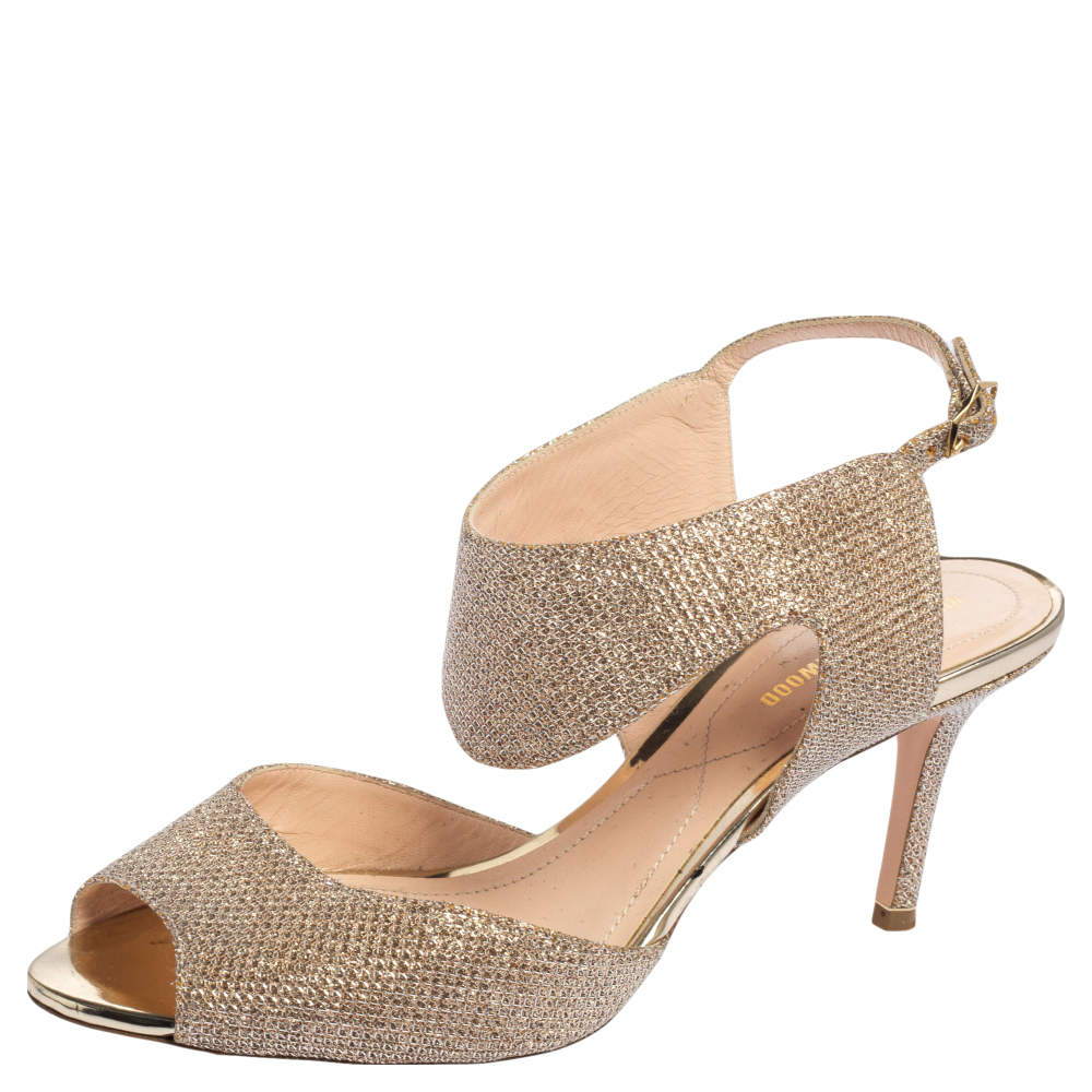 Nicholas Kirkwood Metallic Beige Glitter Fabric Ankle Strap Sandals Size 36.5