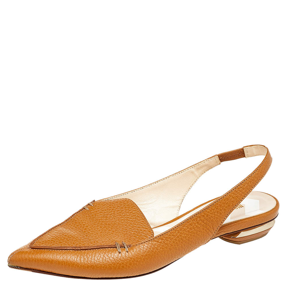 Pre Owned Nicholas Kirkwood Brown Leather Beya Slingback Flats Size 36.5
