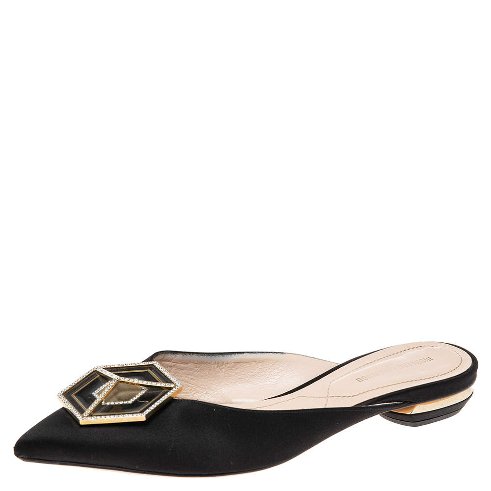 Pre Owned Nicholas Kirkwood Black Satin Eden Crystal Embellished Flat Sandals Size 38