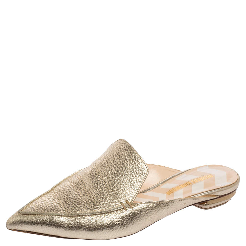 Pre Owned Nicholas Kirkwood Metallic Gold Leather Beya Mules Sandals Size 38