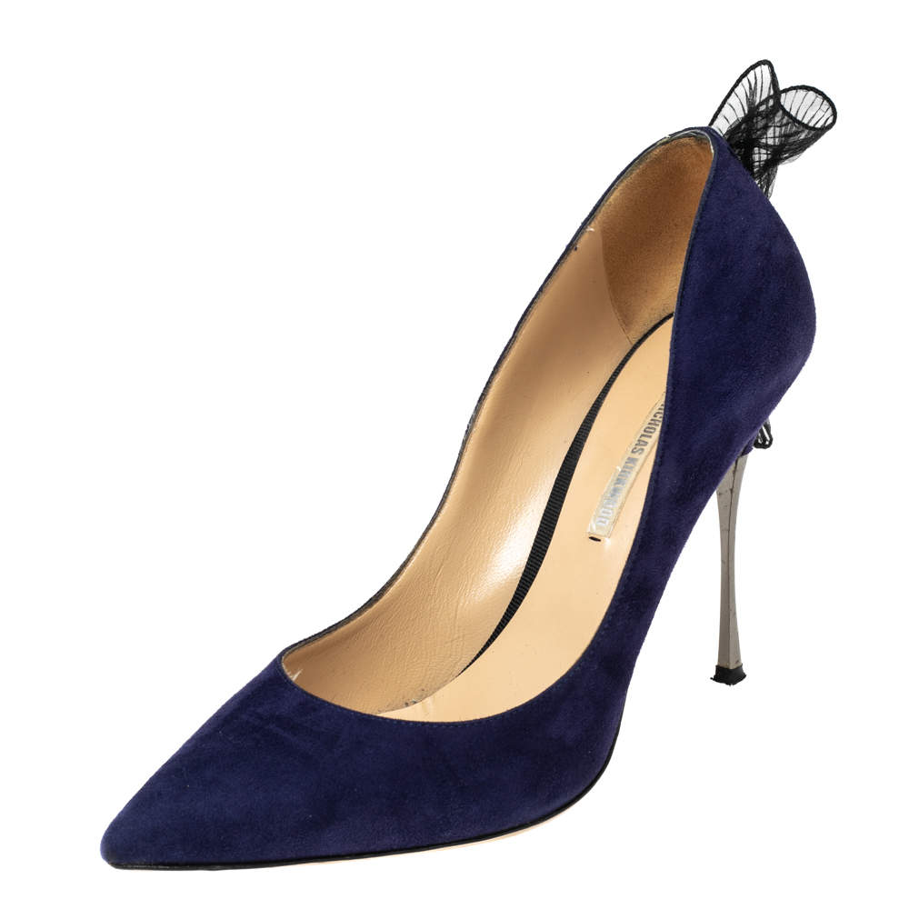 Pre Owned Nicholas Kirkwood Navy Blue Suede Ruffle Lace Pumps Size 39.5