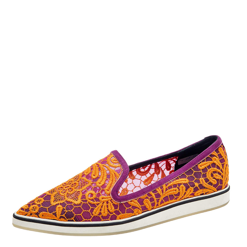 Nicholas Kirkwood Orange/Purple Lace And Suede Pointed Toe Slip On Loafers Size 41