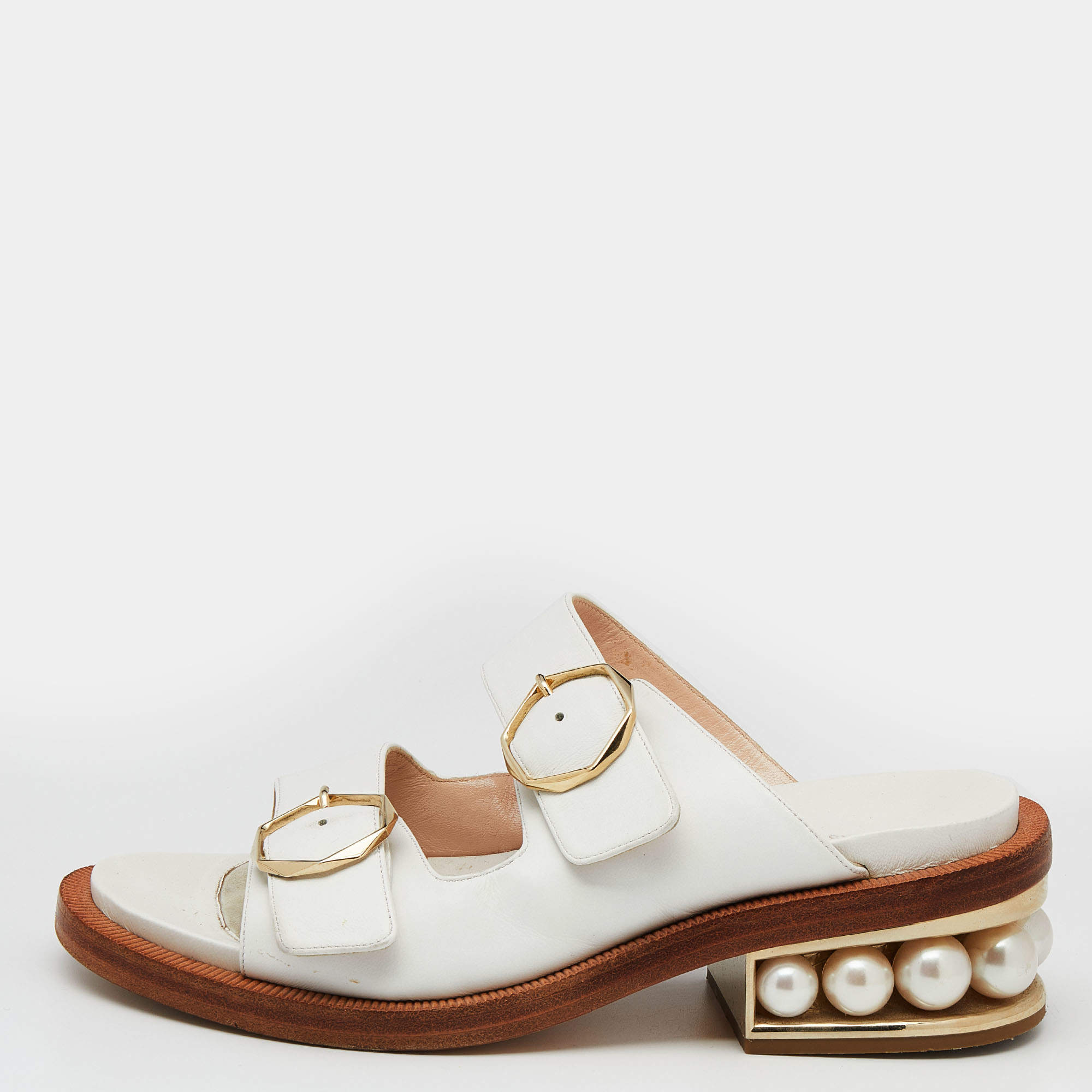 Pre Owned Nicholas Kirkwood White Leather Pearl Heel Slide Sandals Size 36