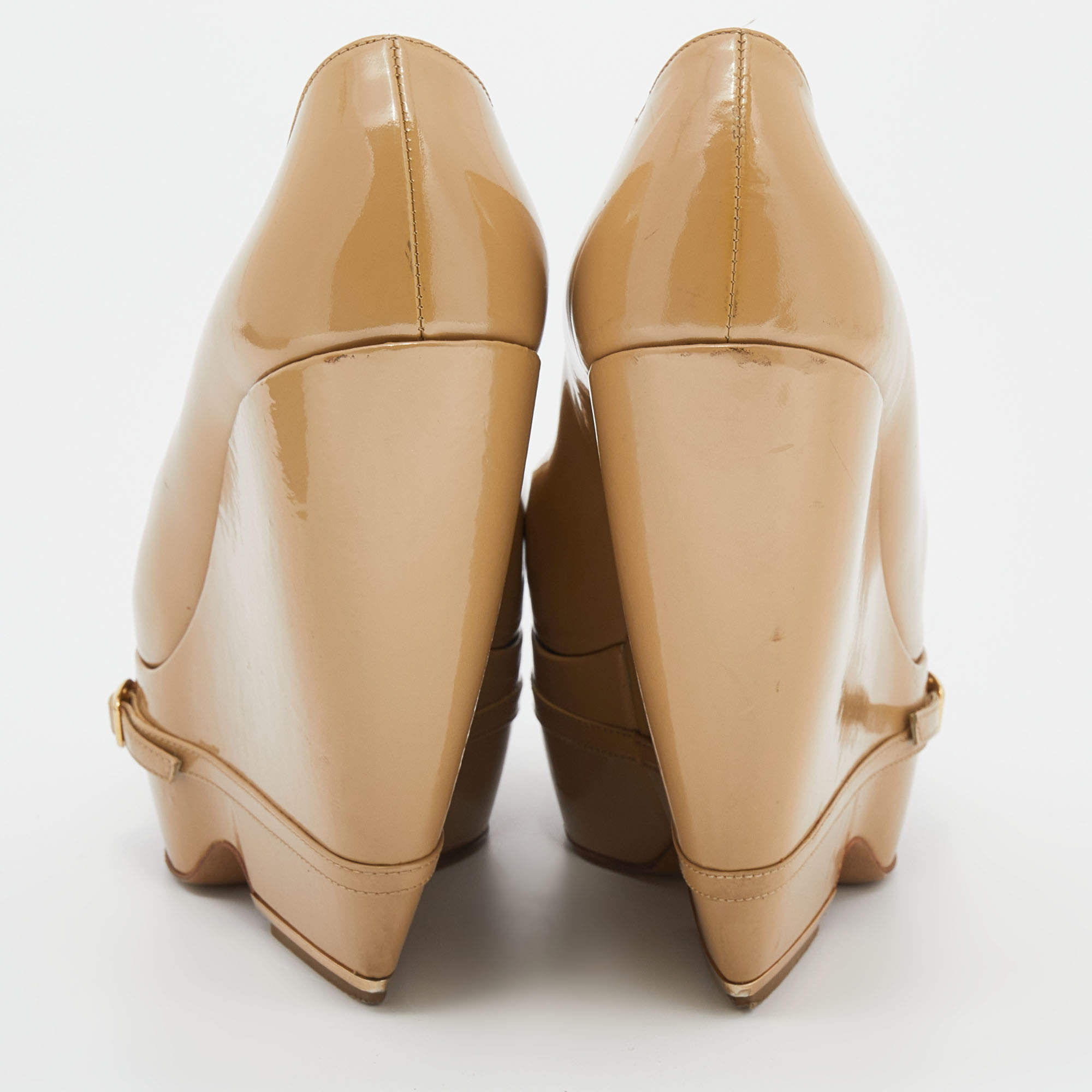 Pre Owned Nicholas Kirkwood Beige Patent Leather Wedge Platform Pumps Size 38.5