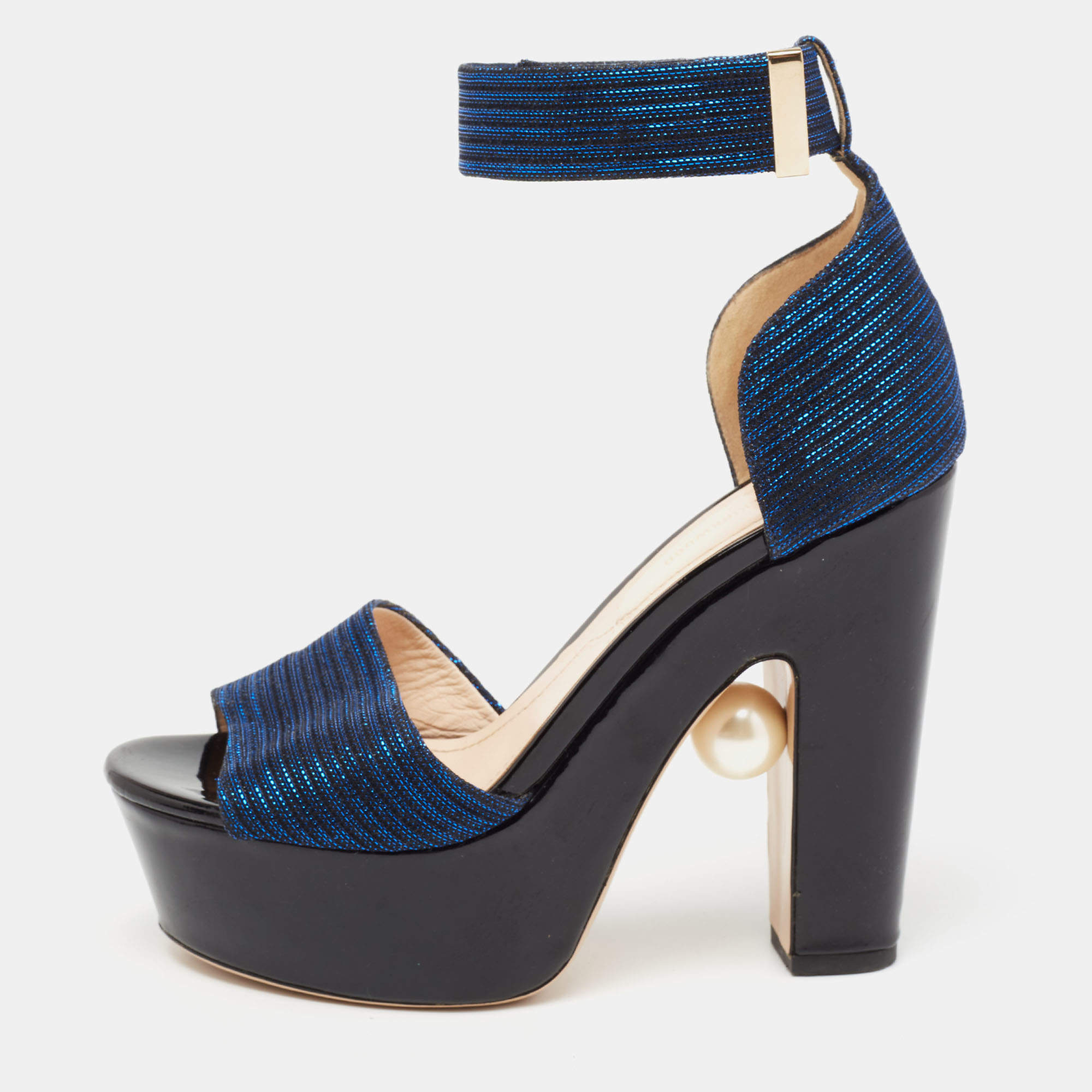 Nicholas Kirkwood Metallic Blue Fabric Maya Pearl Platform Ankle Strap Sandals Size 38