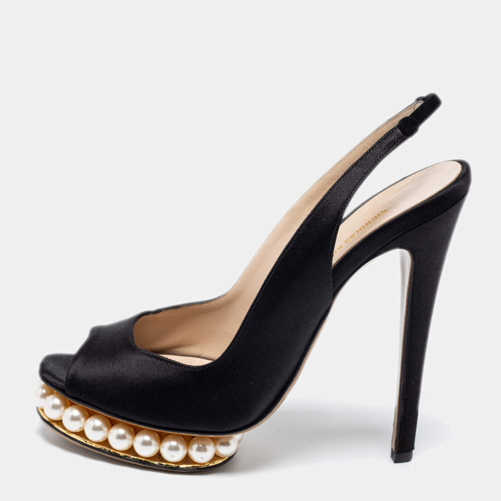 Pre Owned Nicholas Kirkwood Black Satin Peep-Toe Faux Pearl Embellished Platform Slingback Sandals Size 37