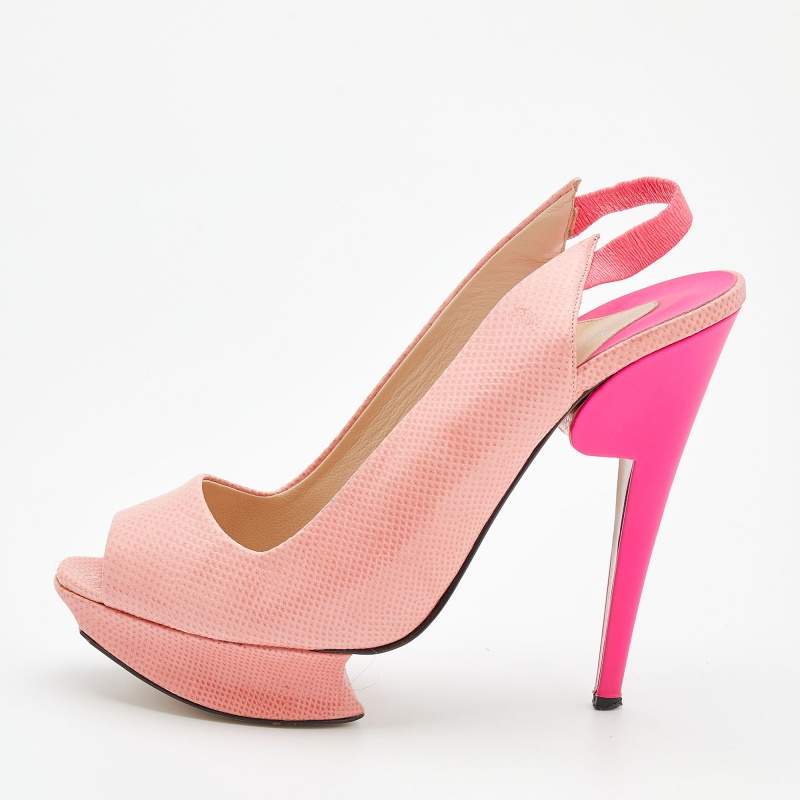 Nicholas Kirkwood Pink Lizard Embossed Leather Platform Peep Toe Slingback Sandals Size 41